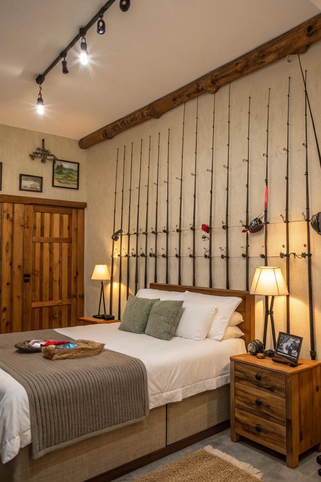 Fishing rods make for a unique and practical wall display.