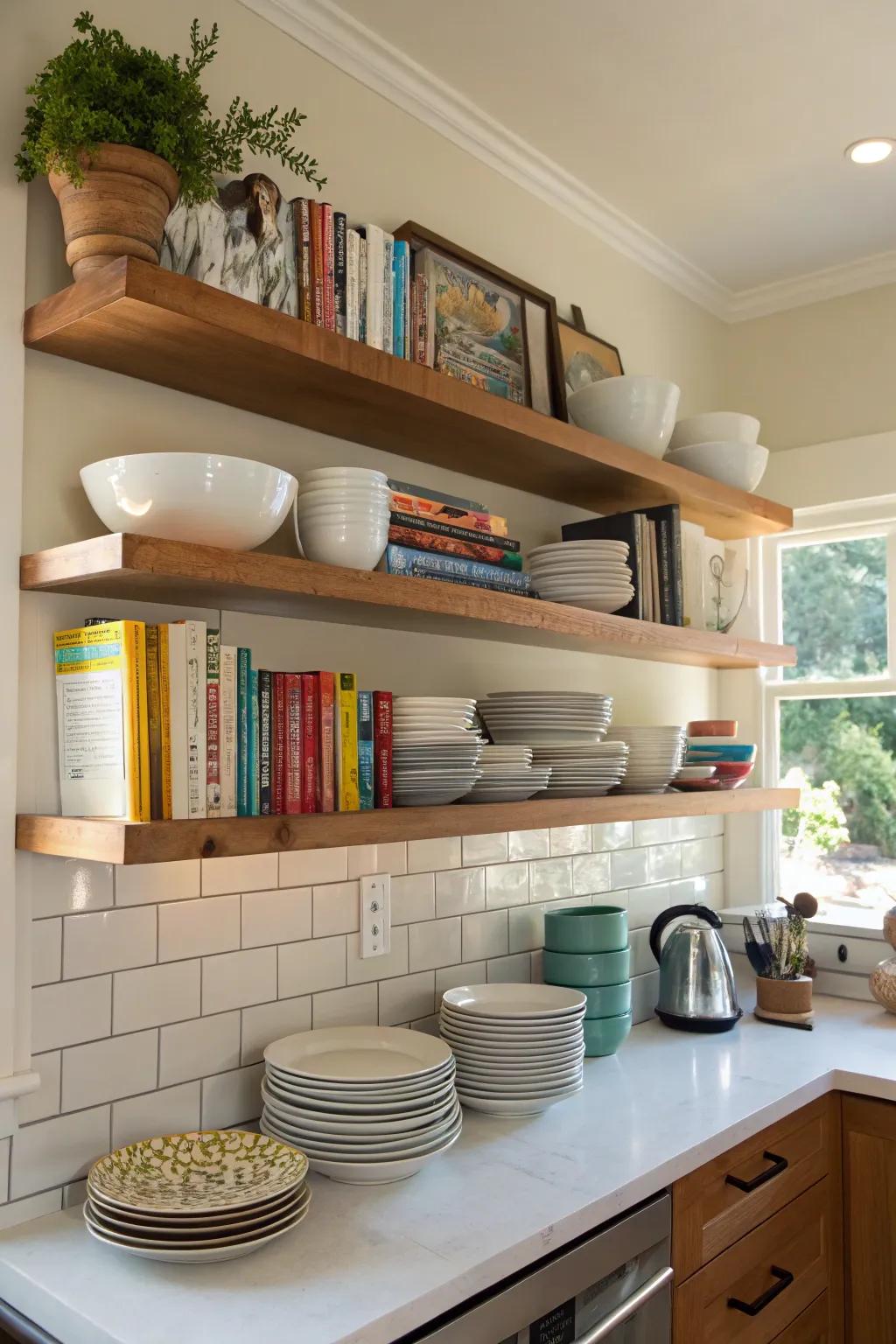 Floating shelves in the kitchen for an organized and stylish space.