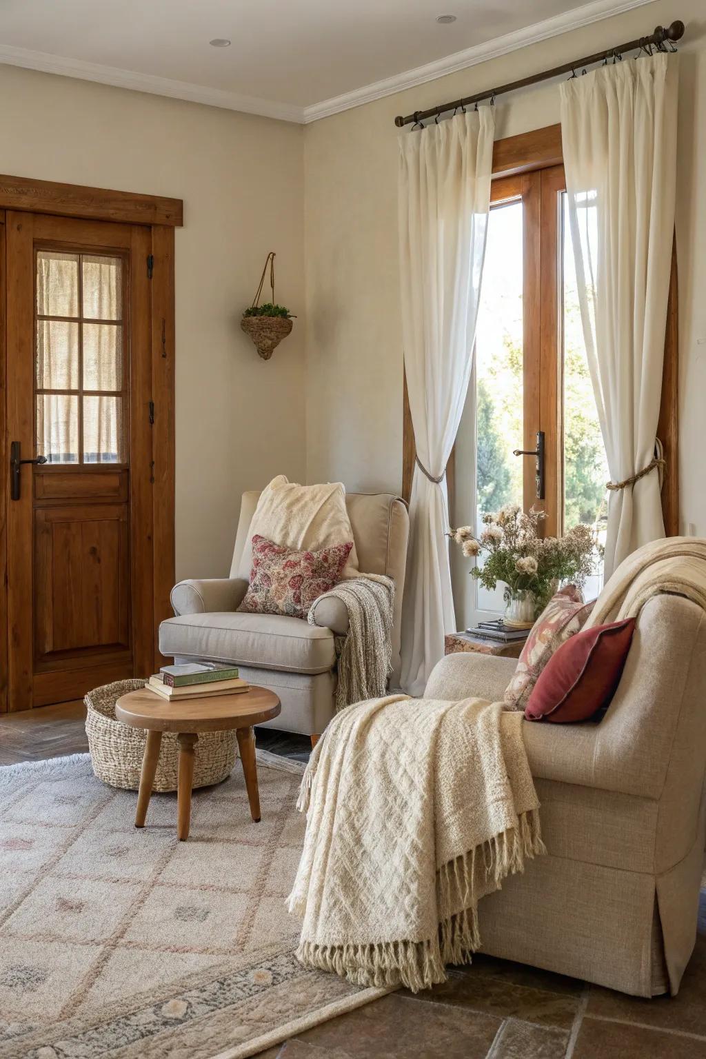 A seating nook in the foyer offers comfort and style.