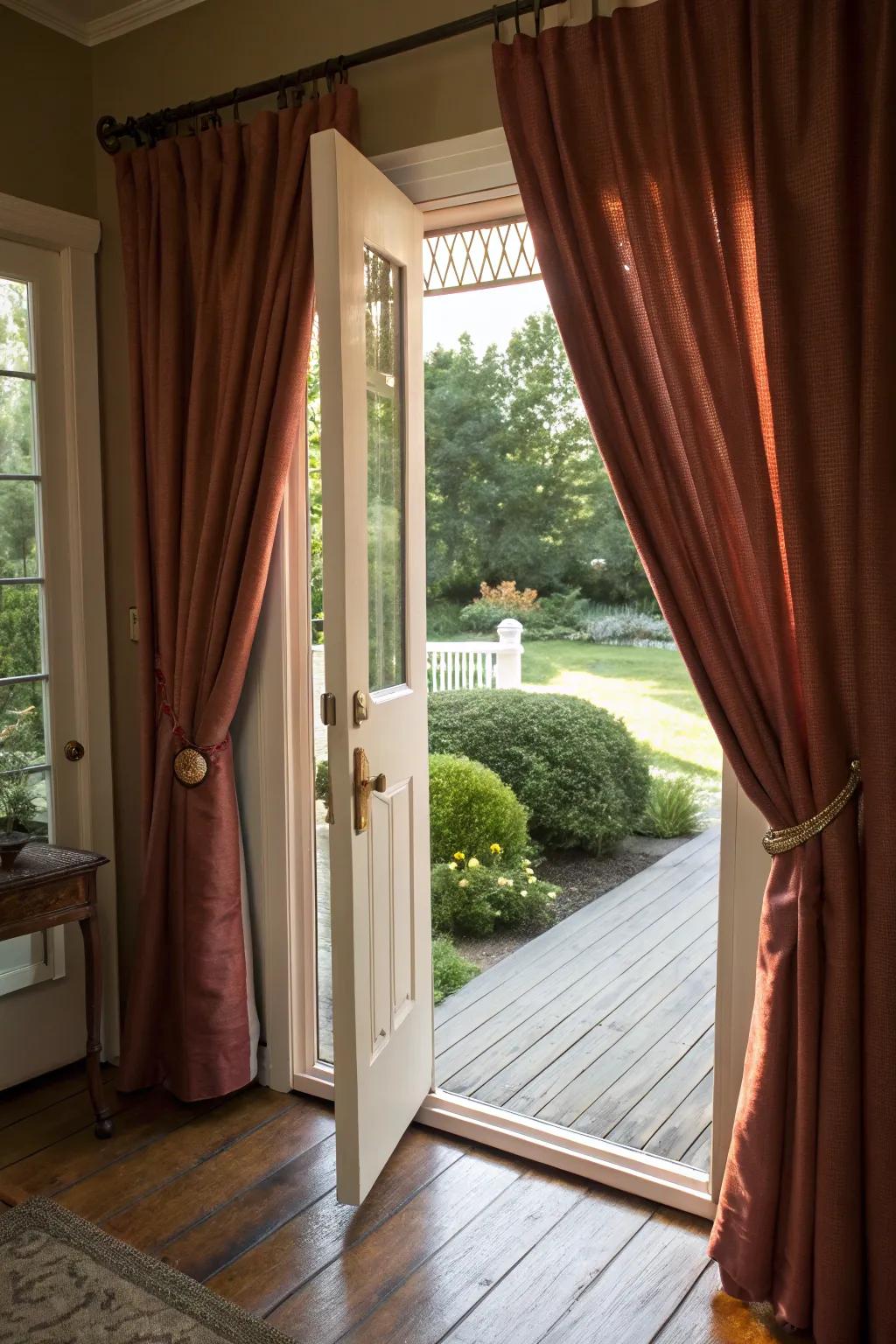 Heavy curtains providing warmth and coziness at the front door.