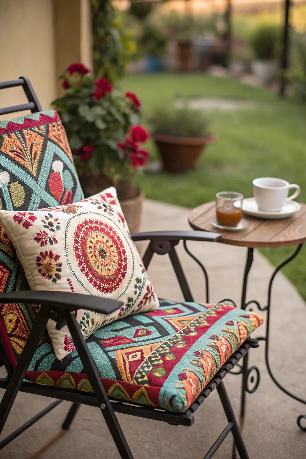 Bold cushions add personality and comfort to patio furniture.