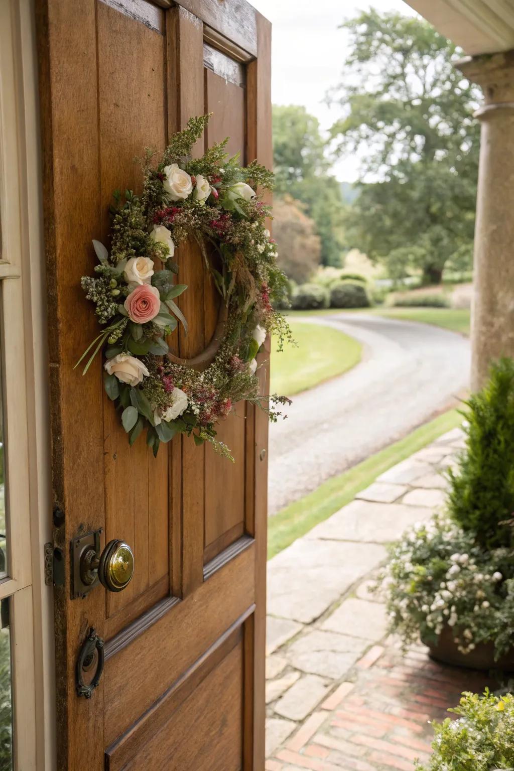 A front door adorned with a seasonal floral wreath.