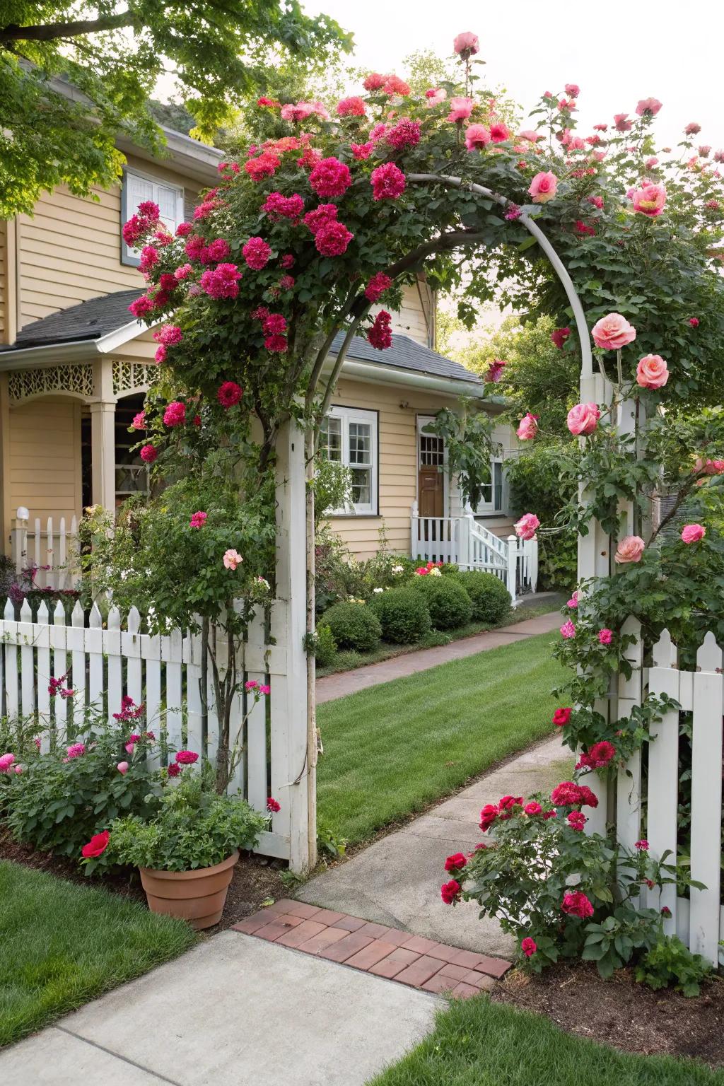 Arched trellis fences bring elegance and support for climbing plants.