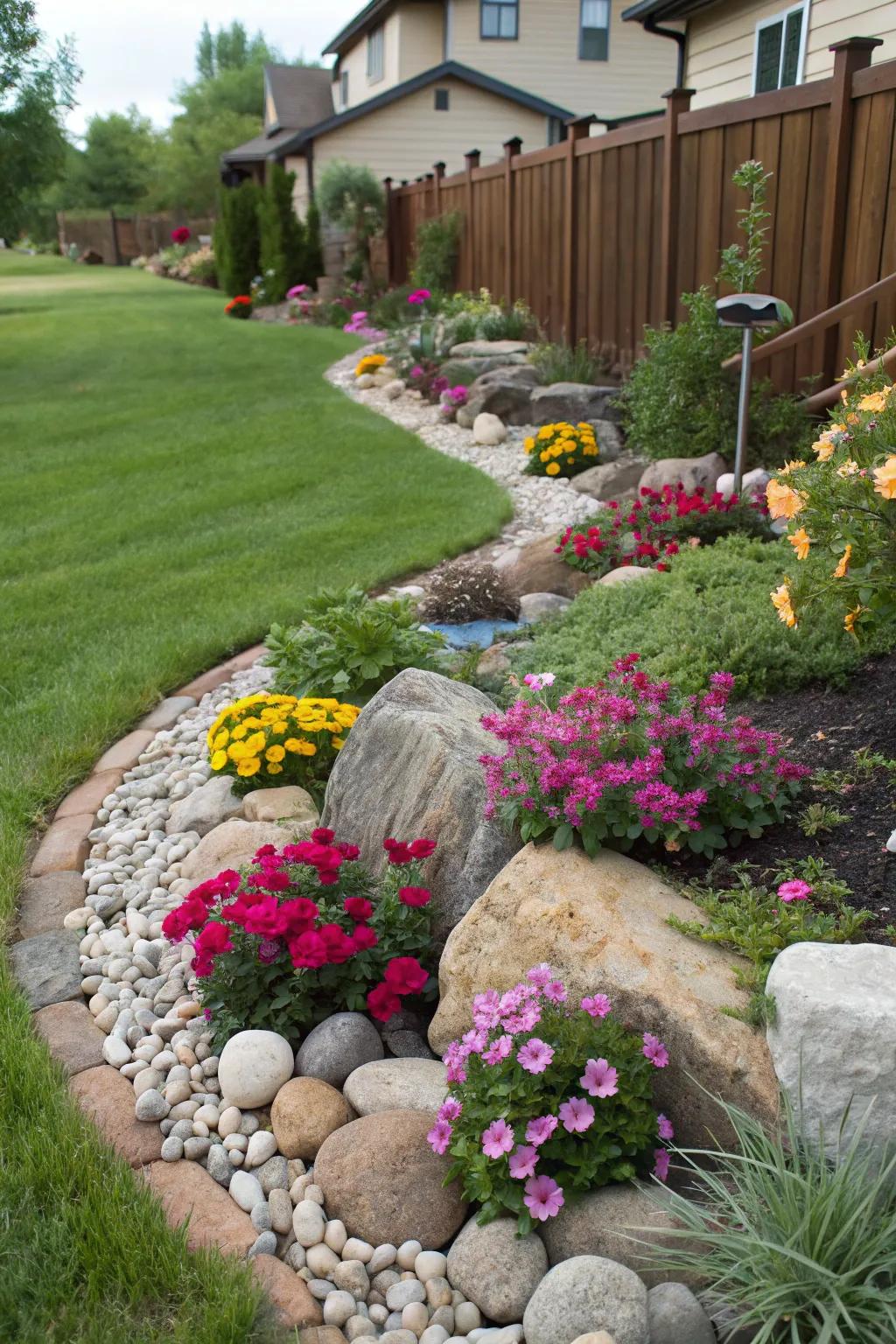 Hardscape elements add elegance and structure to the flower beds.