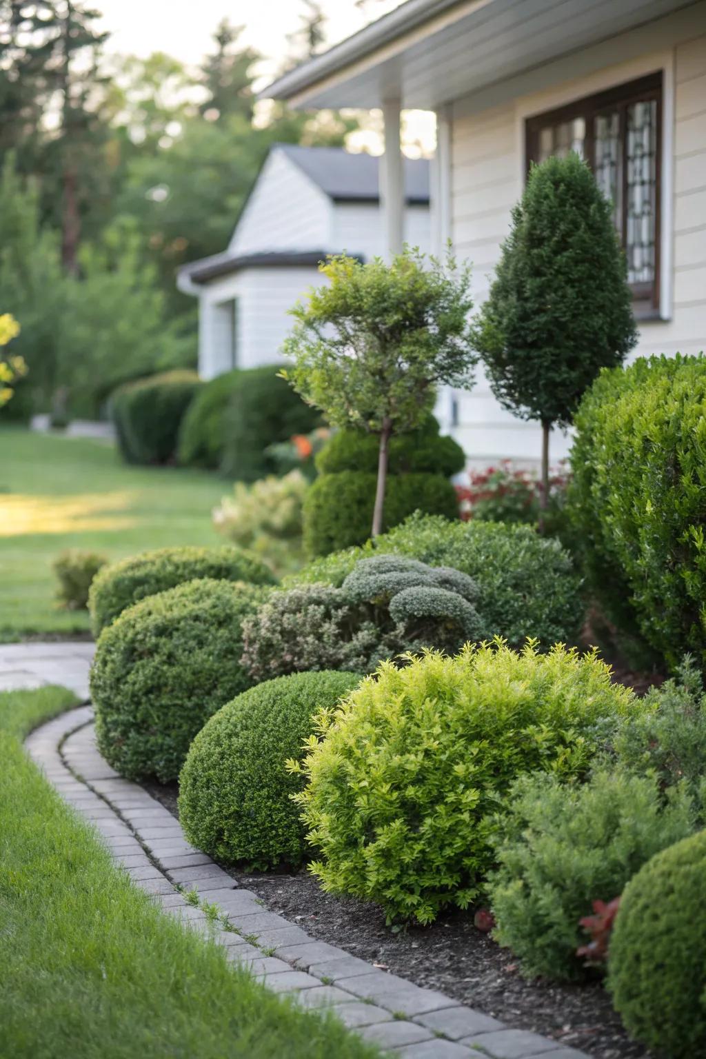 Layered shrubs add depth and interest to this front yard landscape.