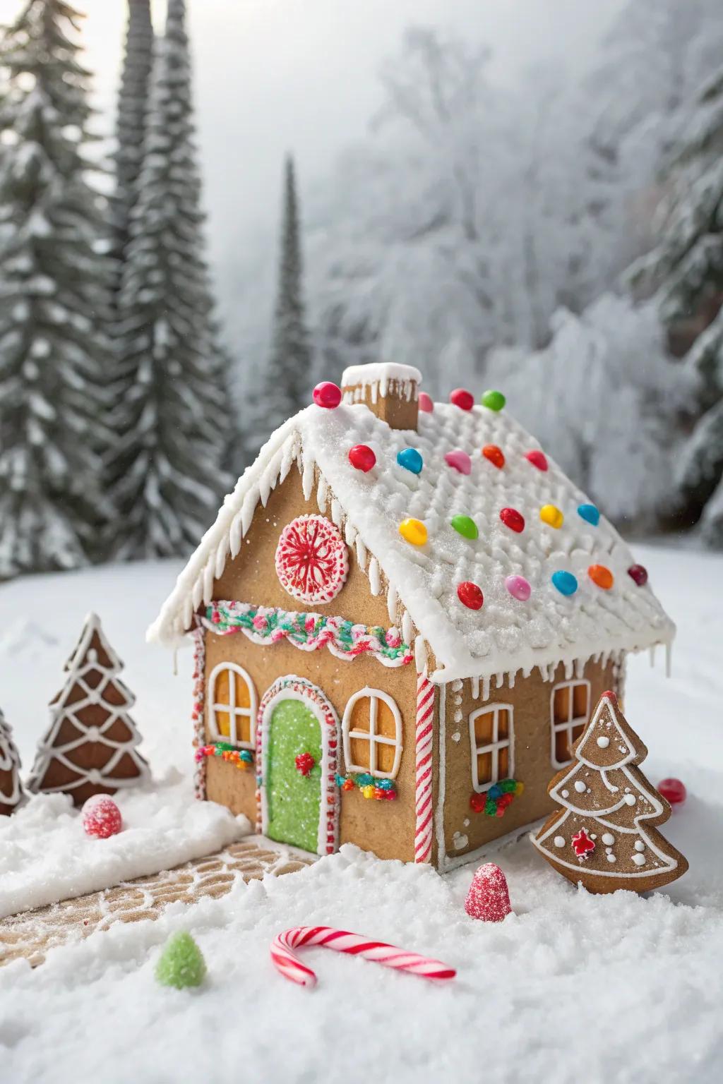 A gingerbread cottage boasting vibrant confectionary openings and entrances.