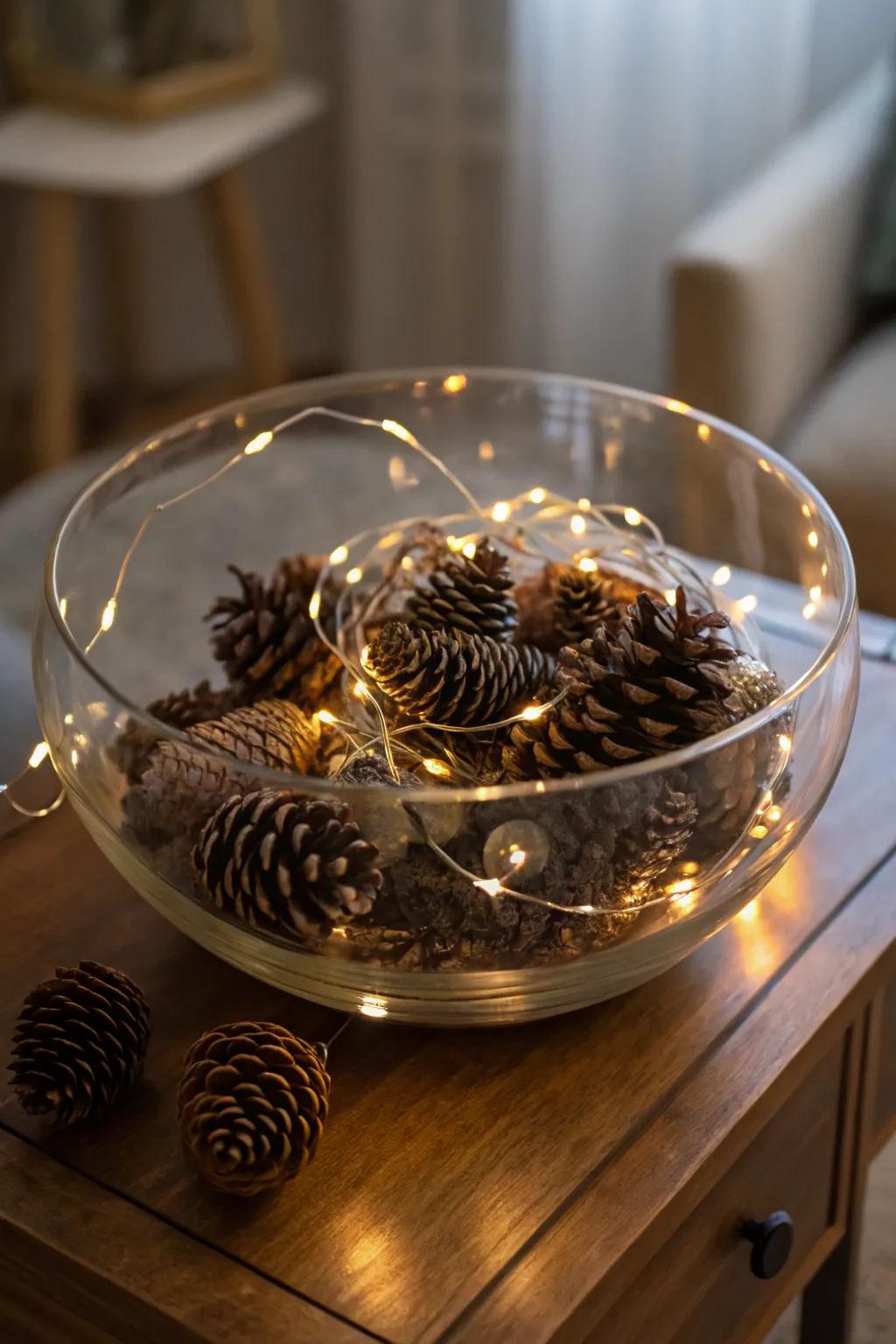 A bewitching glow emanates from glimmering strands positioned inside a clear bowl.