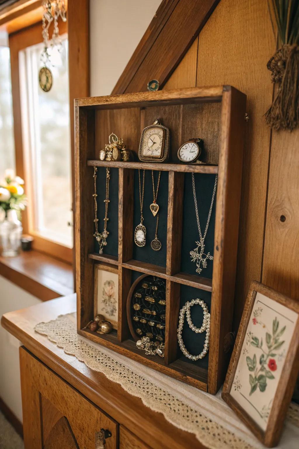 Preserve history with vintage keepsakes in a shadow box.