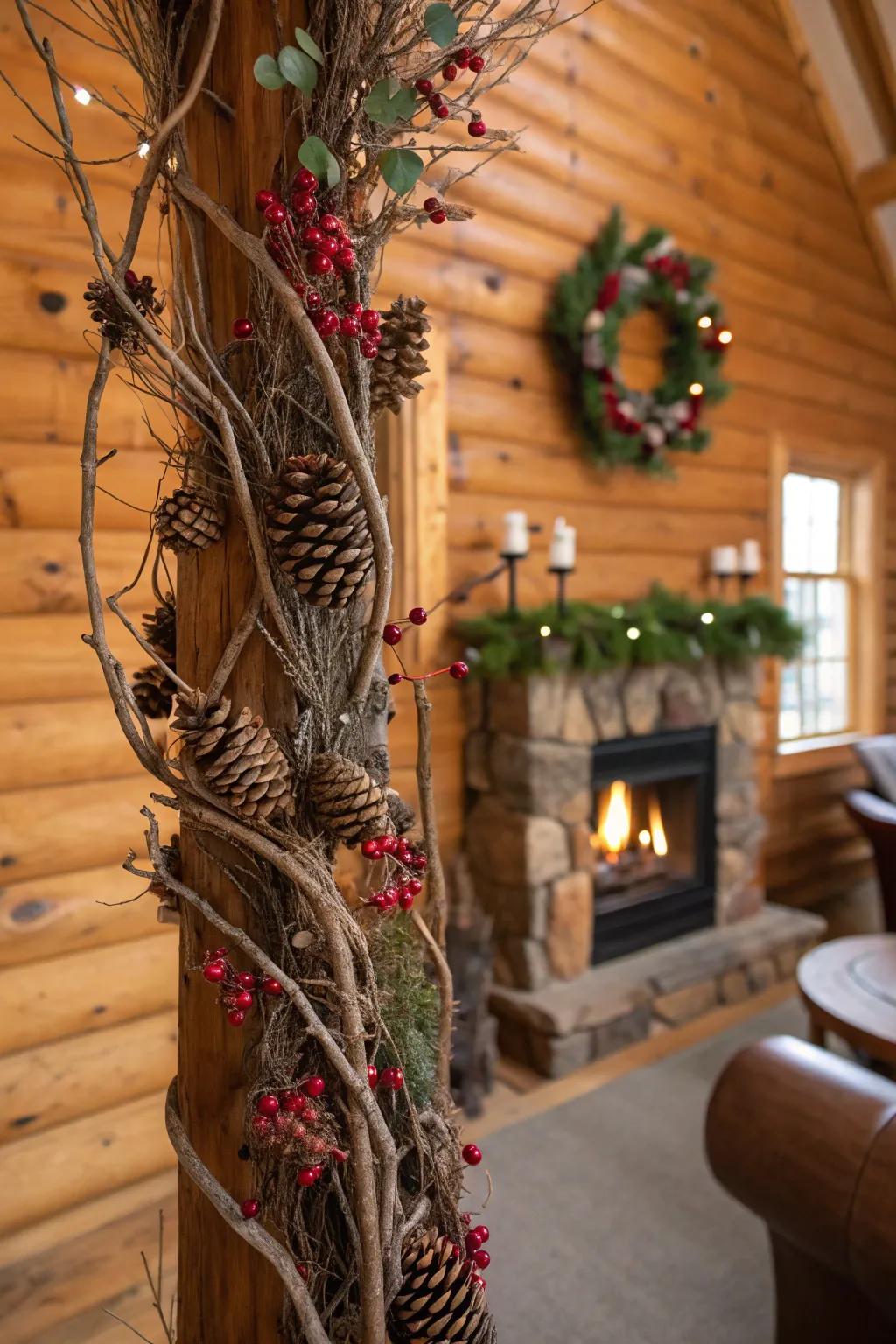 A grapevine tree embellished with coniferous cones and anthocyanin-rich fruits, thus integrating a rustic sentiment.