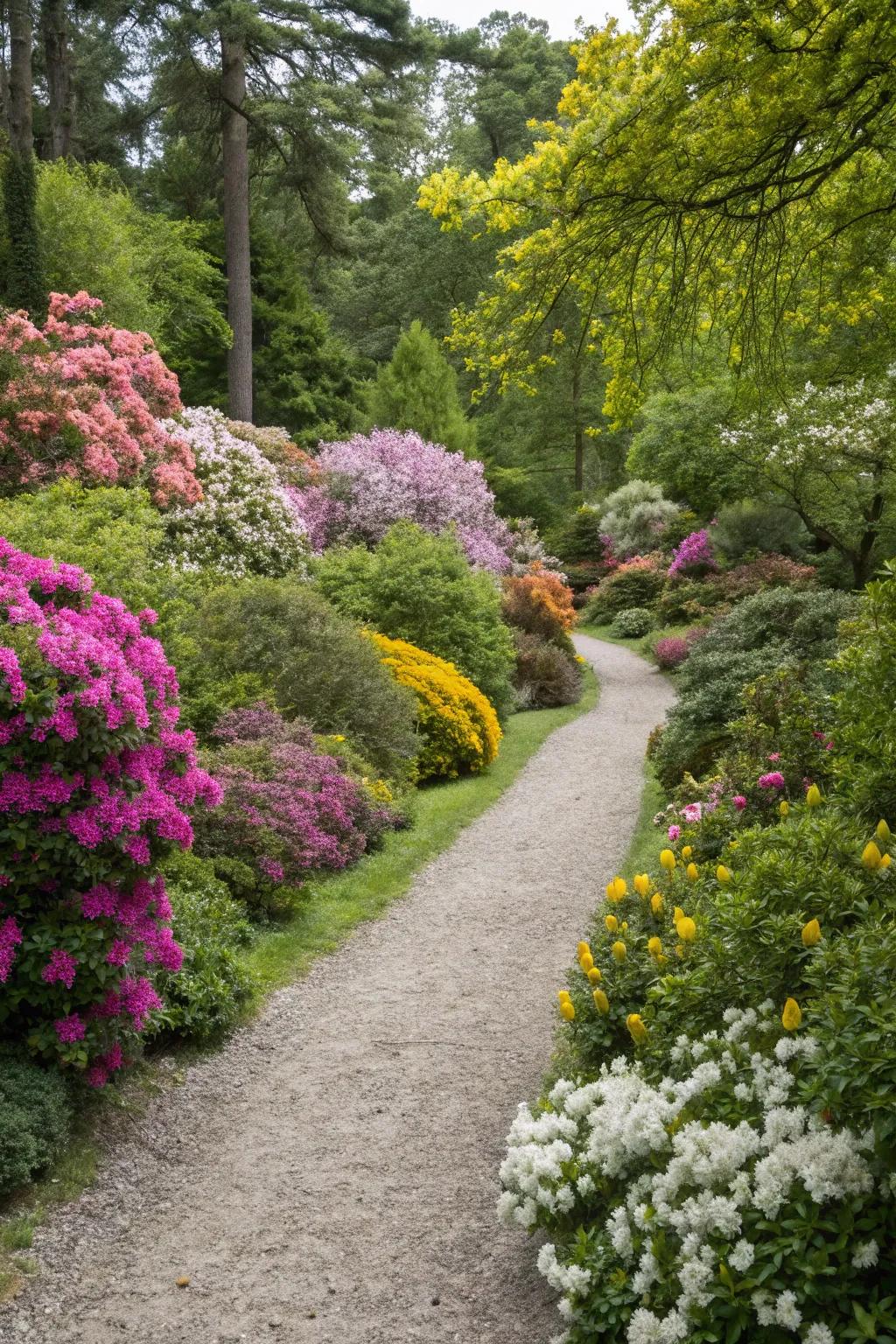 Lush plantings add vibrancy to a gravel pathway.