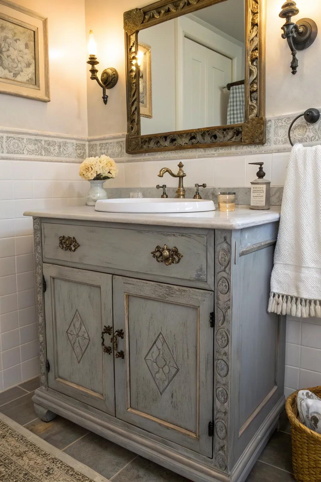 A vintage gray vanity adding timeless charm to the bathroom.