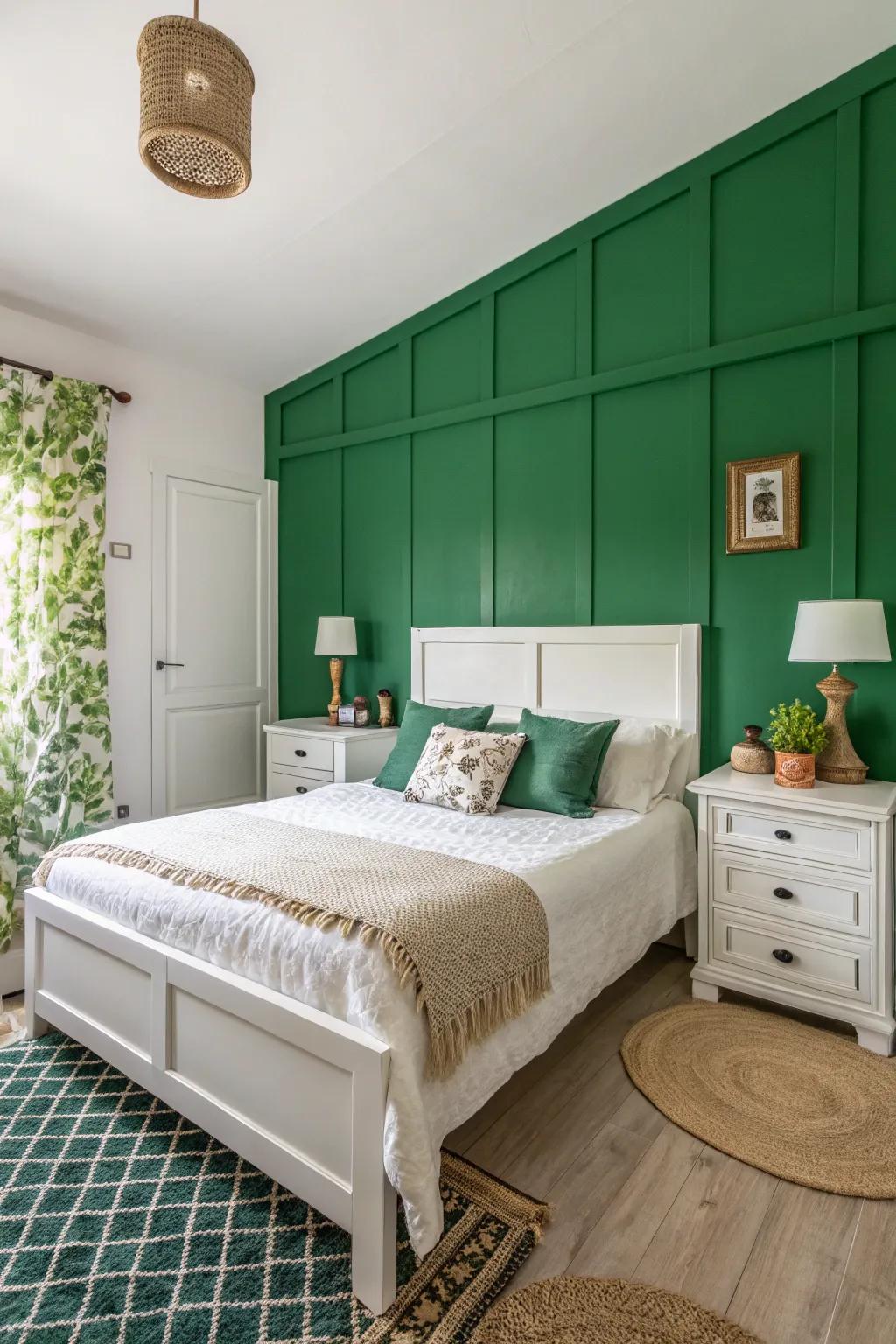 A bold green accent wall adds drama and depth.