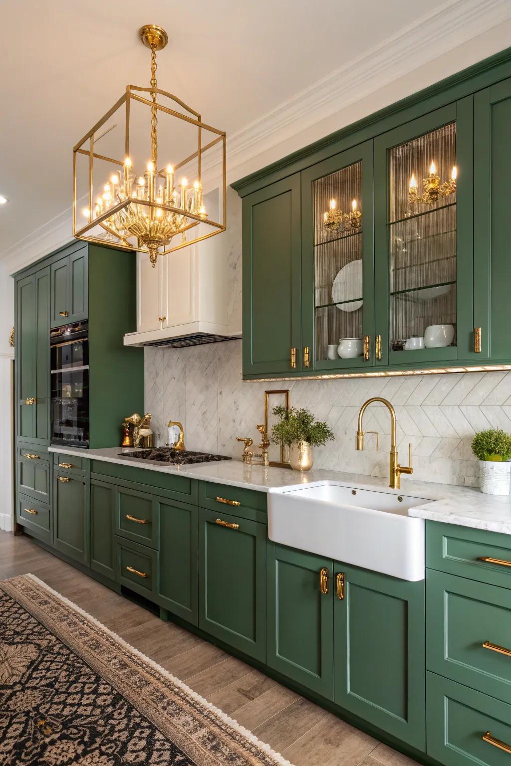 Luxurious kitchen with emerald green cabinets and gold details.