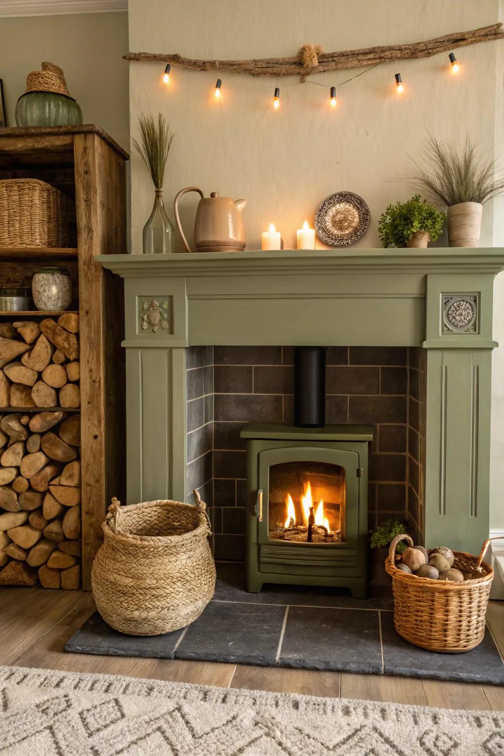 An inviting fireplace with olive green tones and earthy decor.