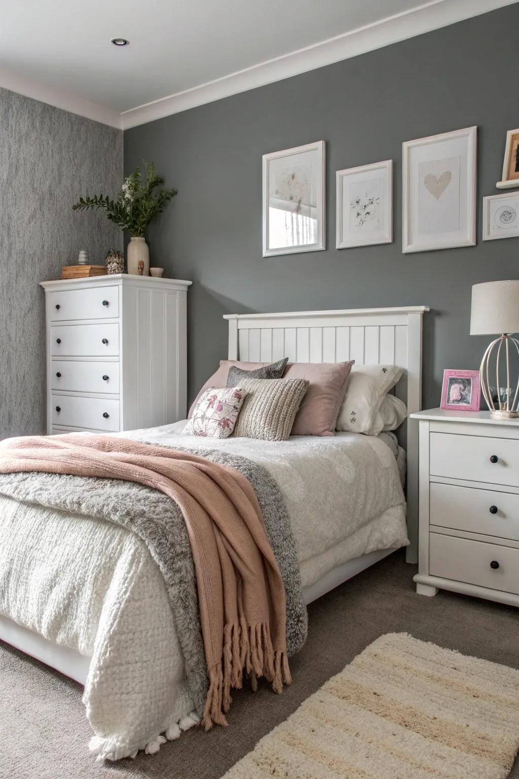 A classic grey and white bedroom exuding elegance.