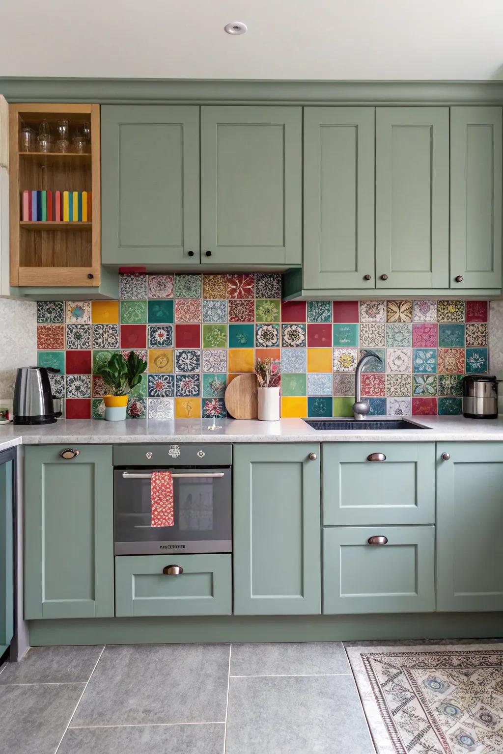 A vibrant backsplash adds a pop of color to grey-green cabinets.