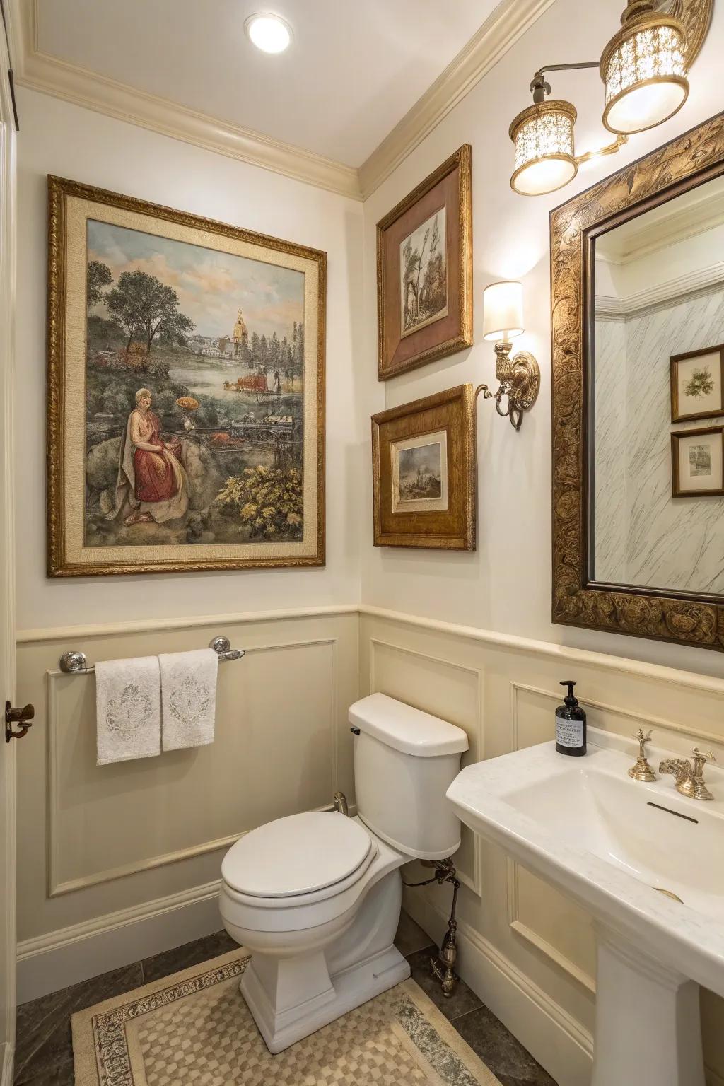 Vintage artwork adds a distinctive flair to your half bath.