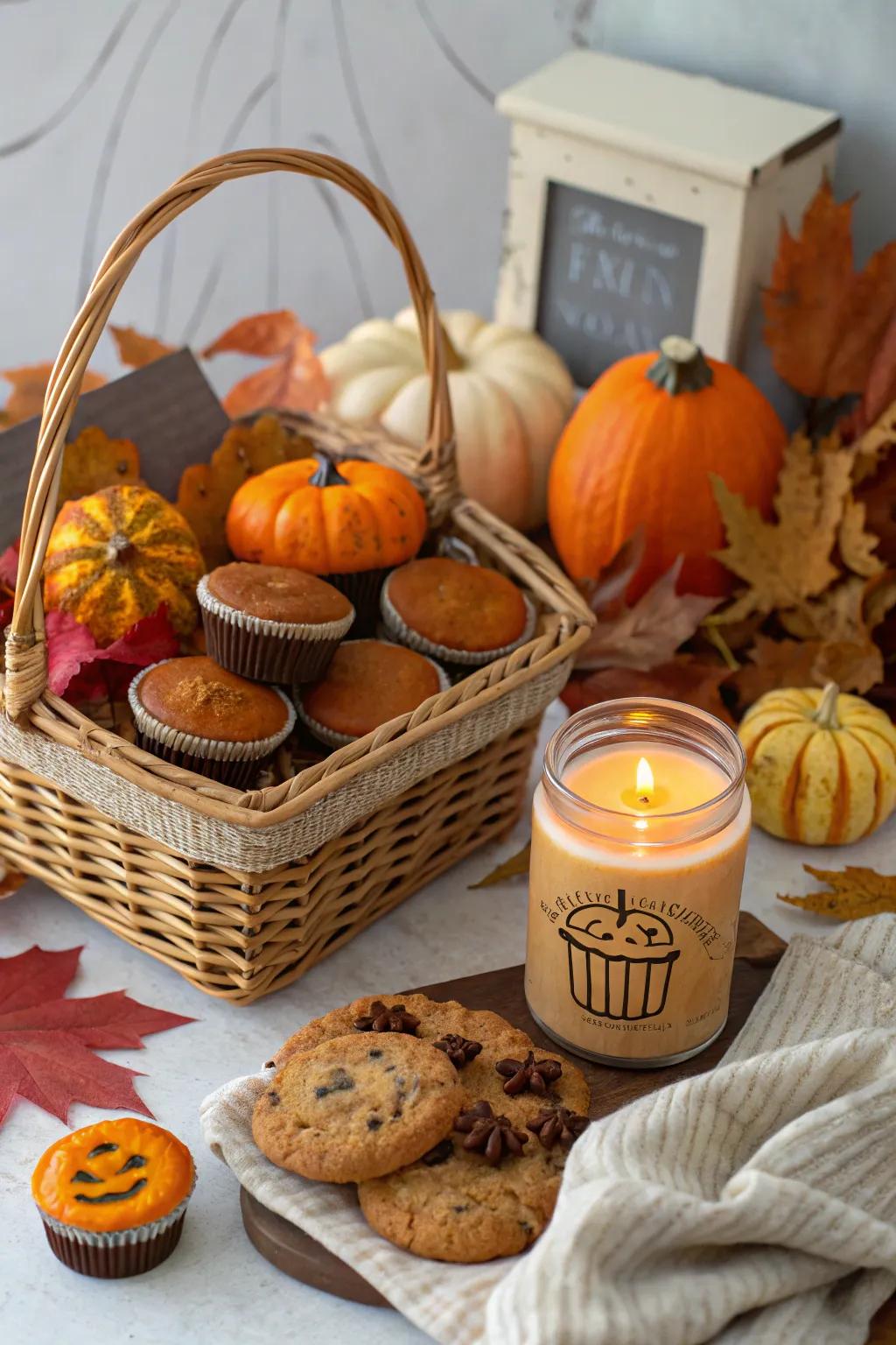 A pumpkin spice lover's dream in a festive Halloween basket.