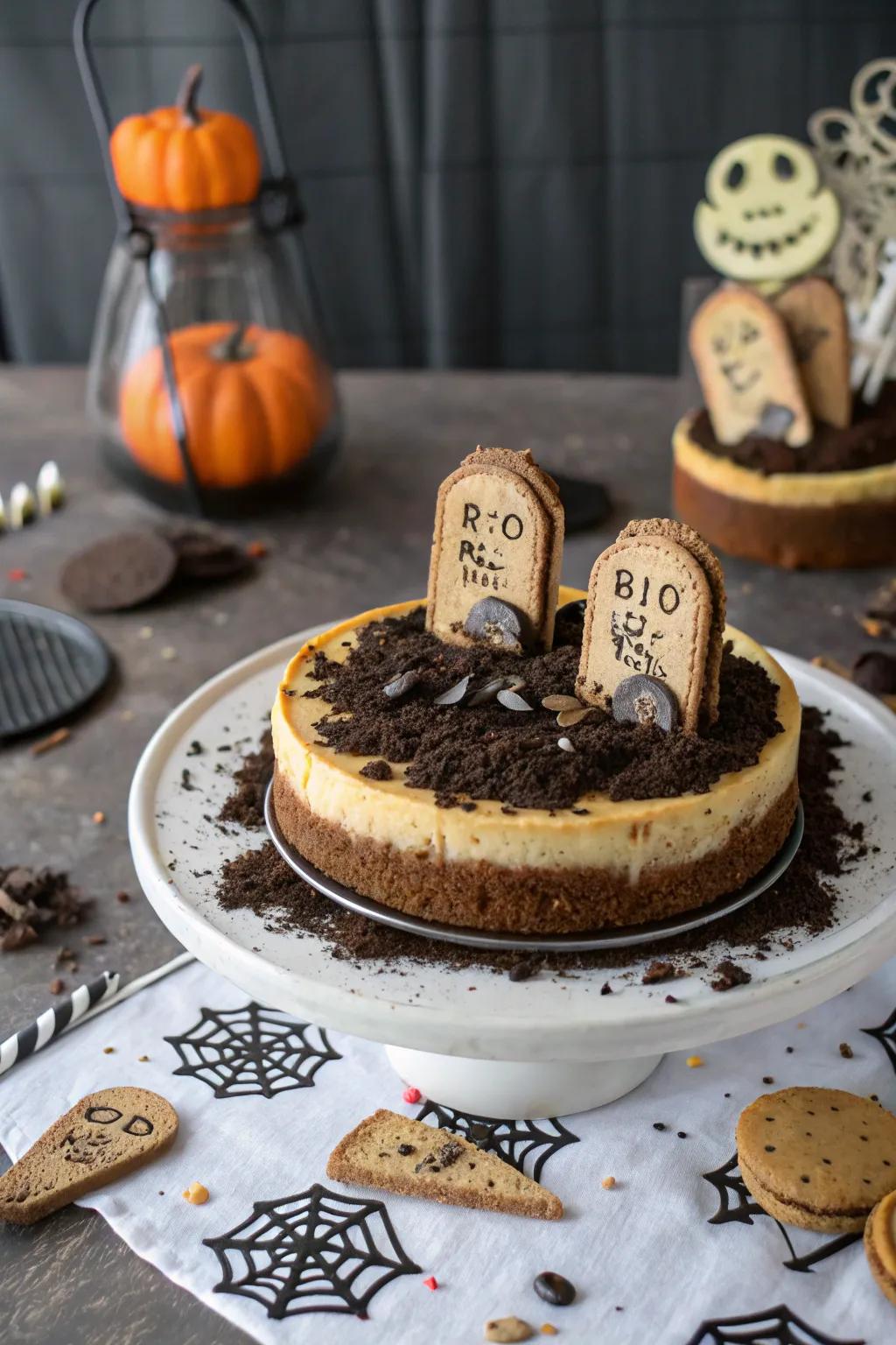 A graveyard scene with cookie tombstones for a chilling effect.