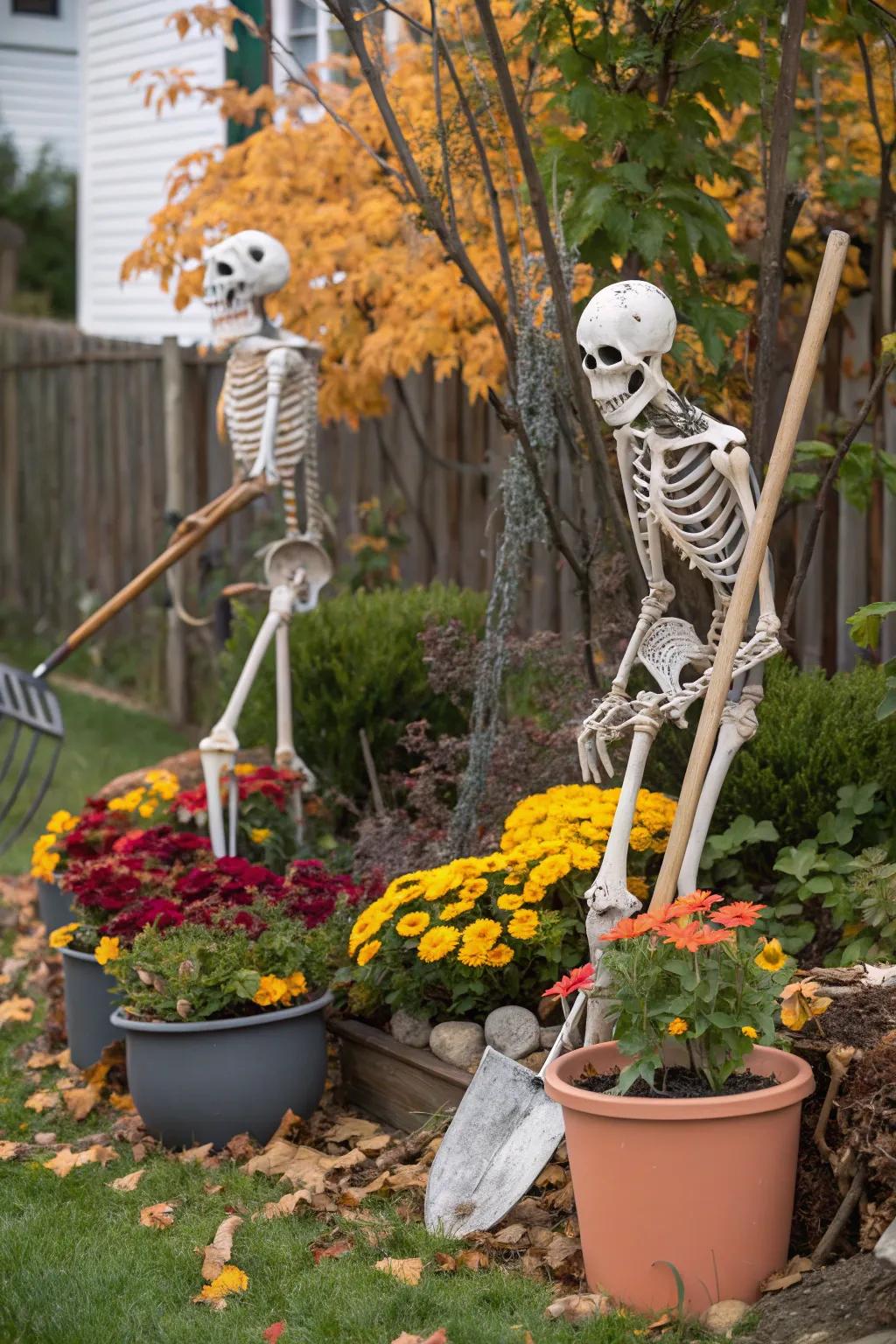 Gardening skeletons add a playful element to your outdoor Halloween decor.