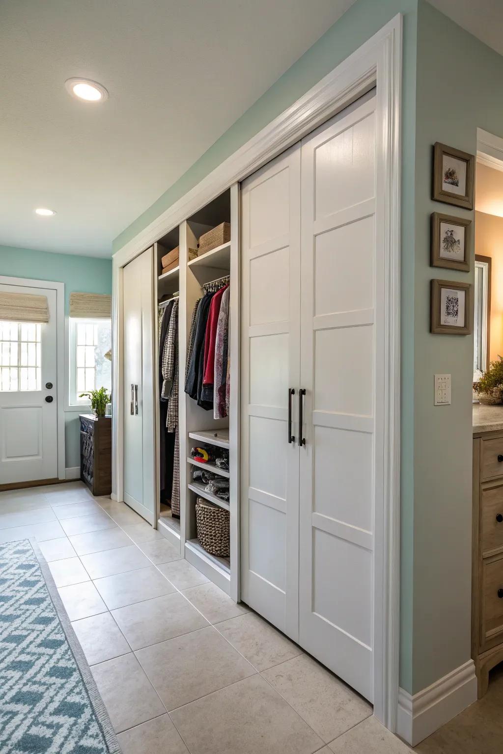In compact hallways, choose bi-fold doors to save space.