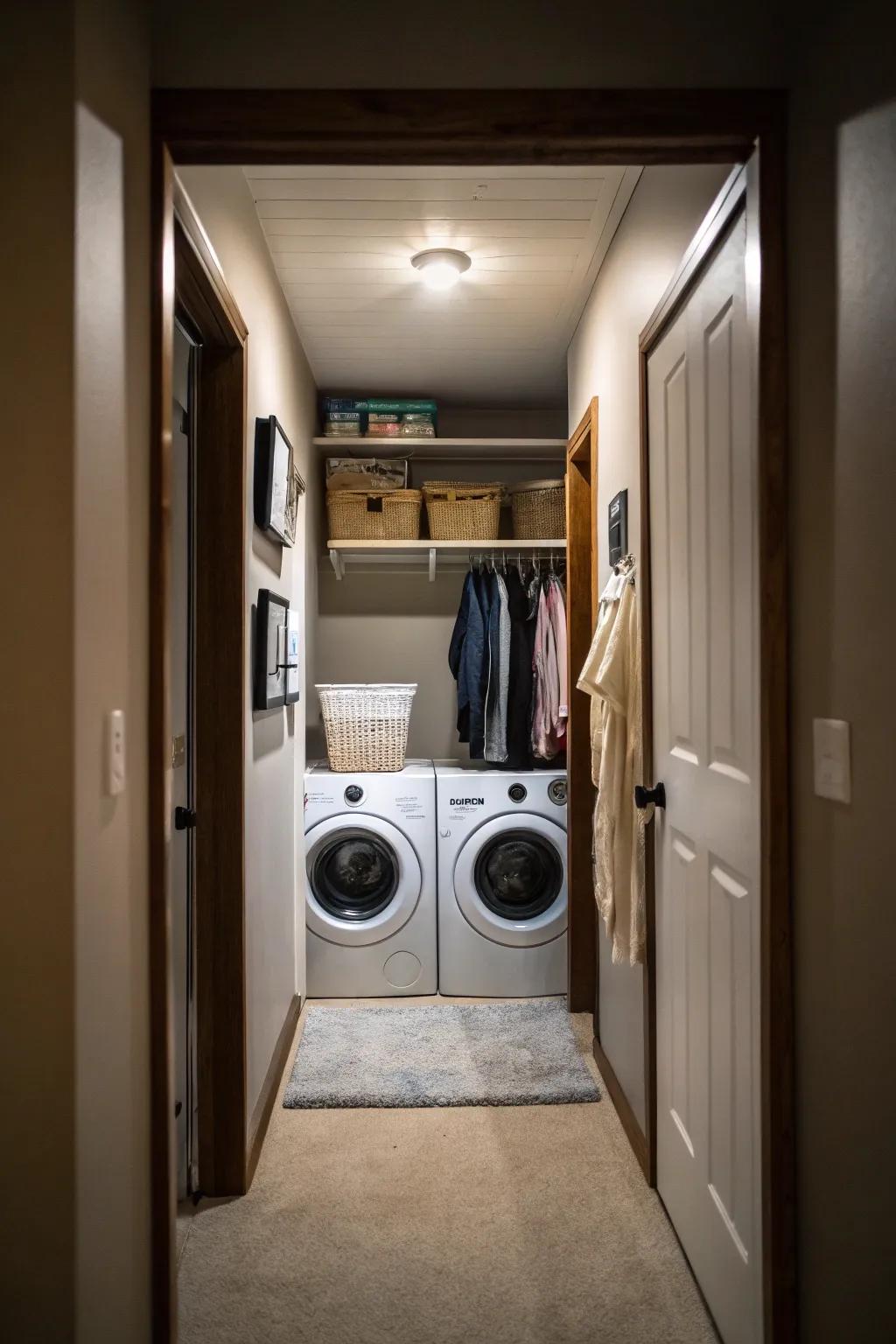 A compact laundry closet tailored for narrow spaces.