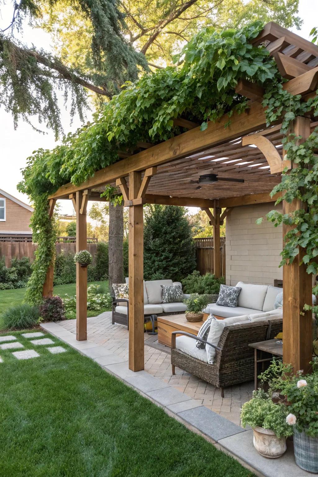 A pergola offers shade and flair, elevating the Hamptons sensation of your backyard.