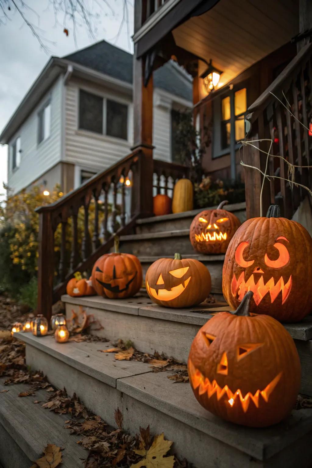 Create a welcoming yet eerie entryway with a jack-o'-lantern display.