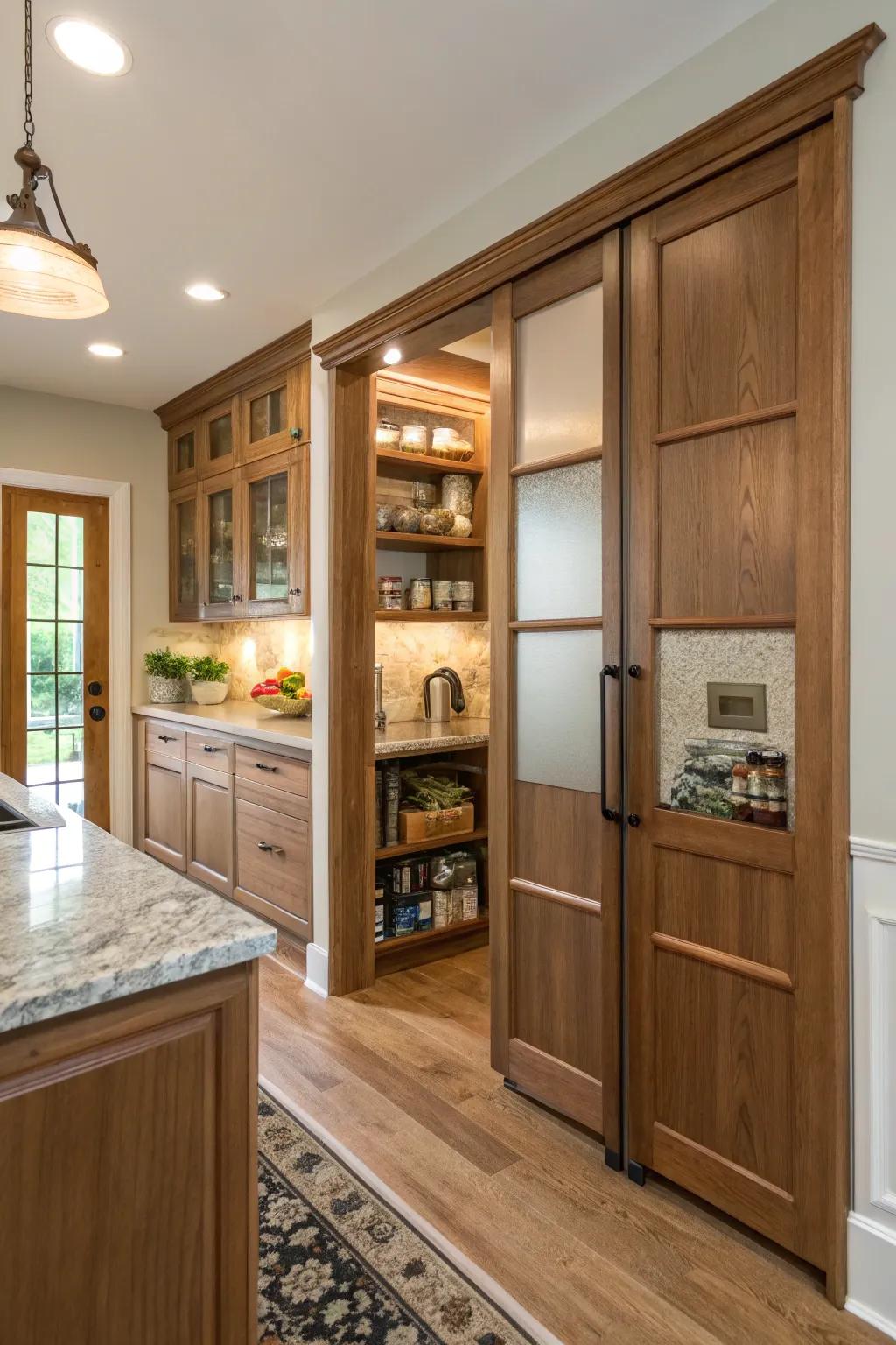 Pocket doors providing seamless access to a hidden pantry.