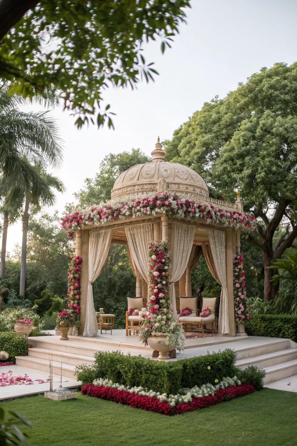 A serene garden scene framing the mandap beautifully.