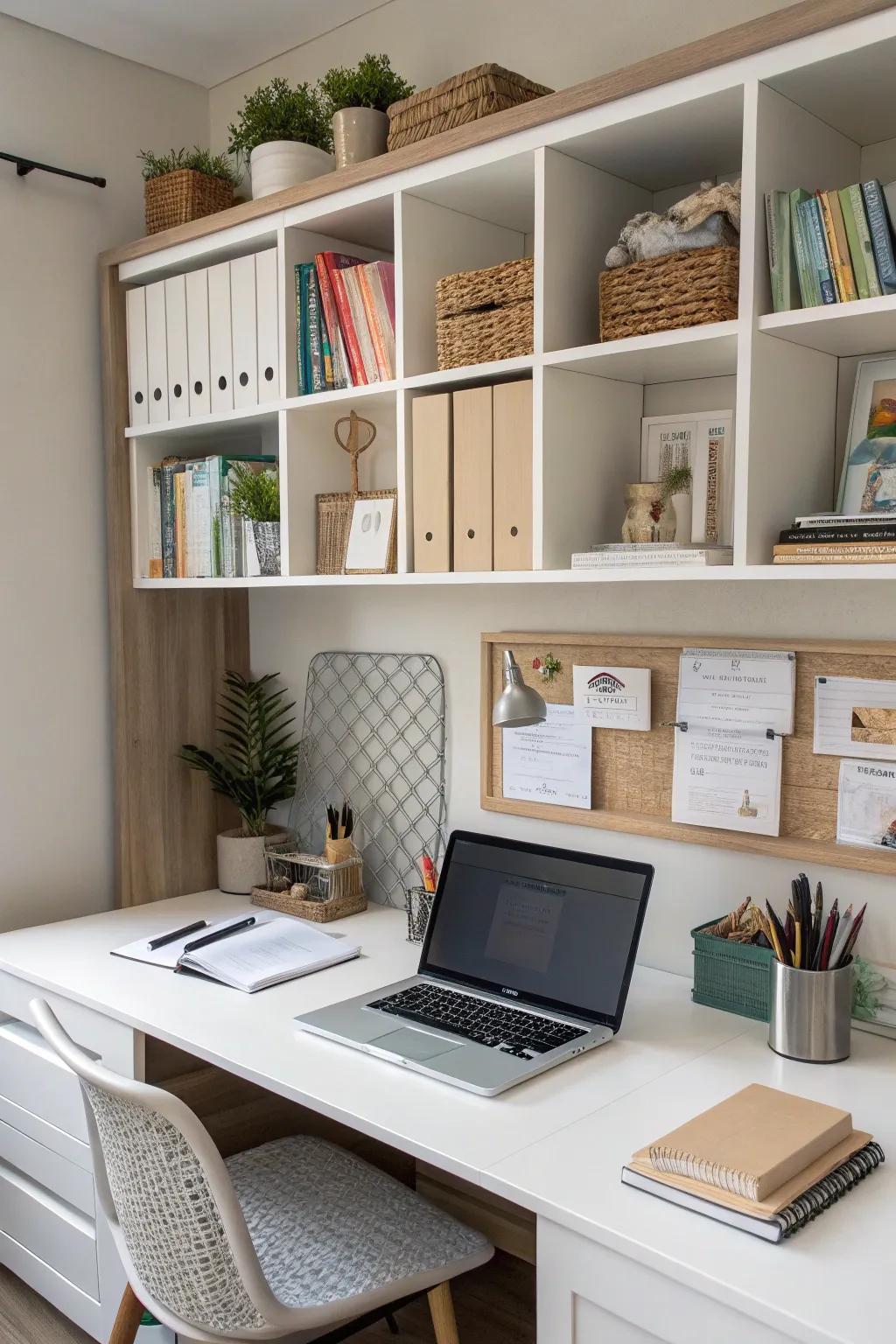 Integrated desk shelves streamline your workspace.