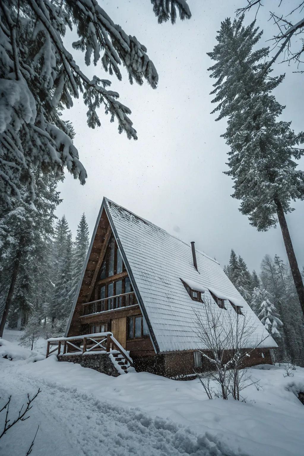 An iconic A-frame cabin nestled in the woods.