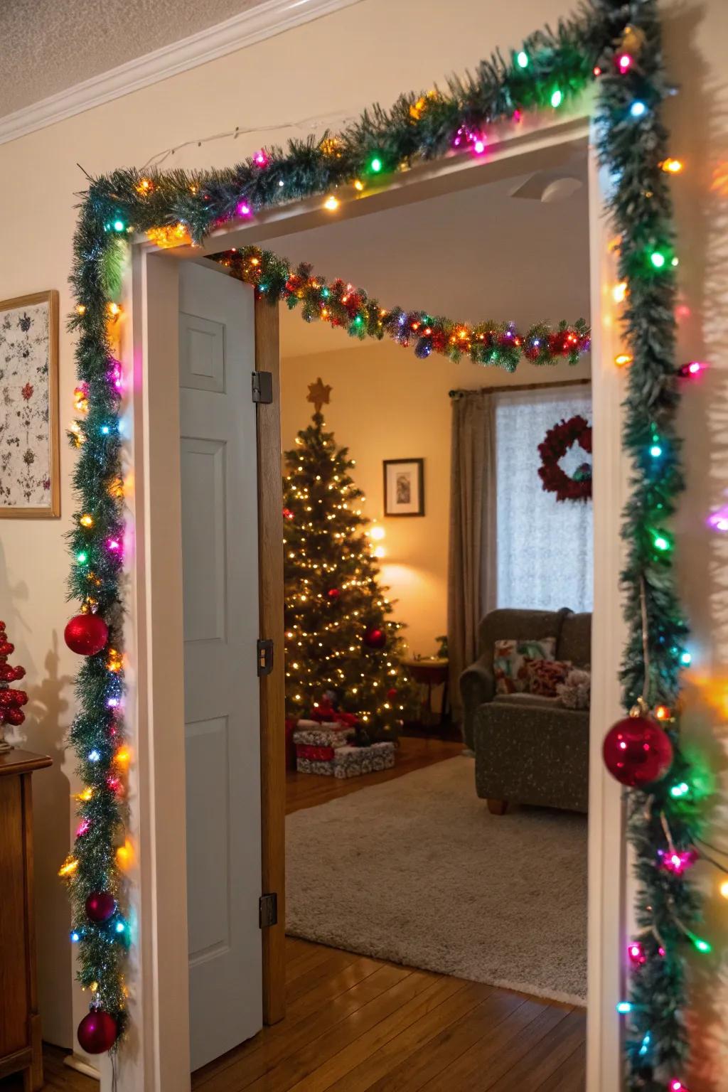 An entryway delightfully framed with glittery chain decorations.