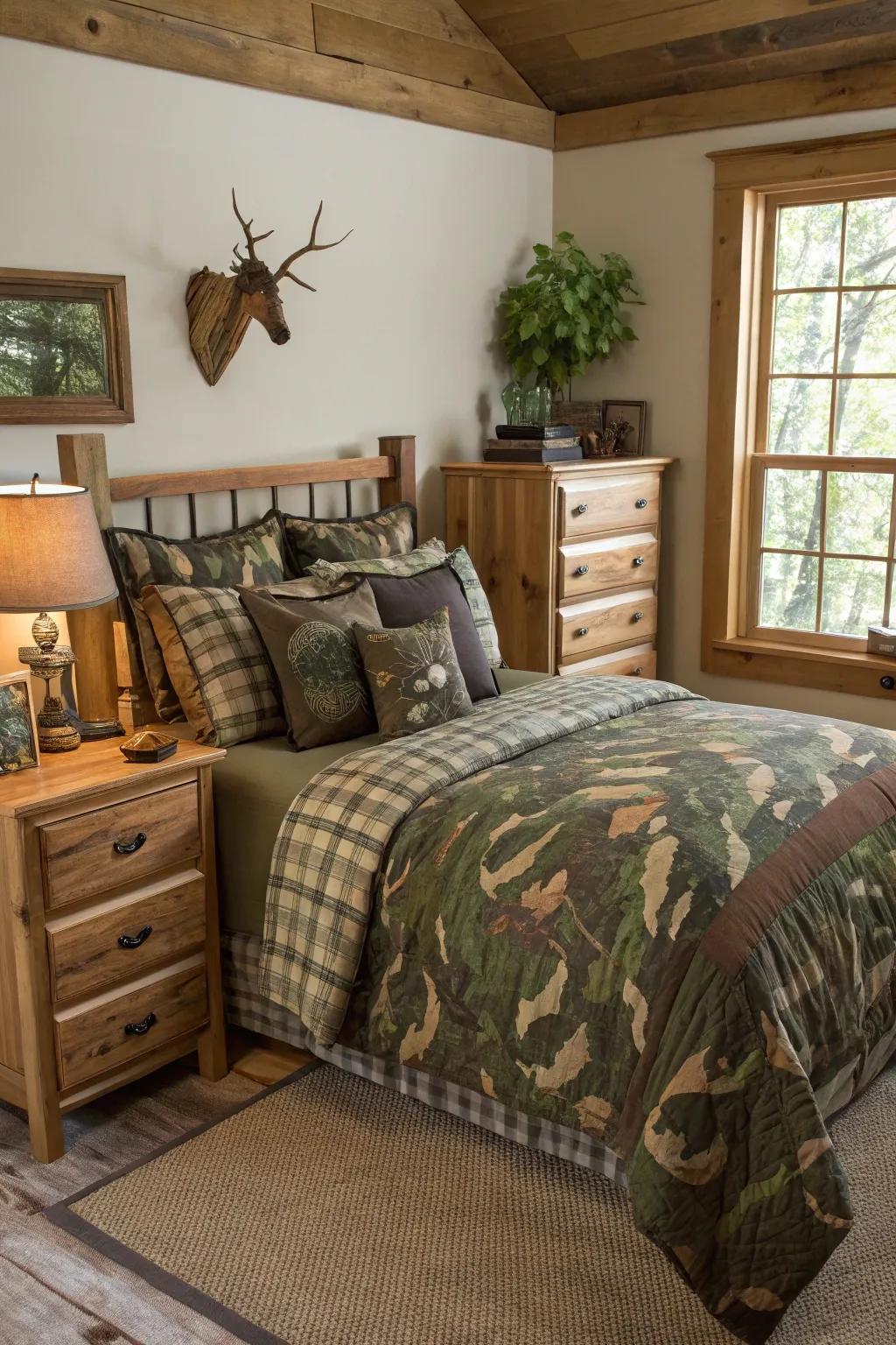 Camouflage patterns add a playful and thematic touch to your room.