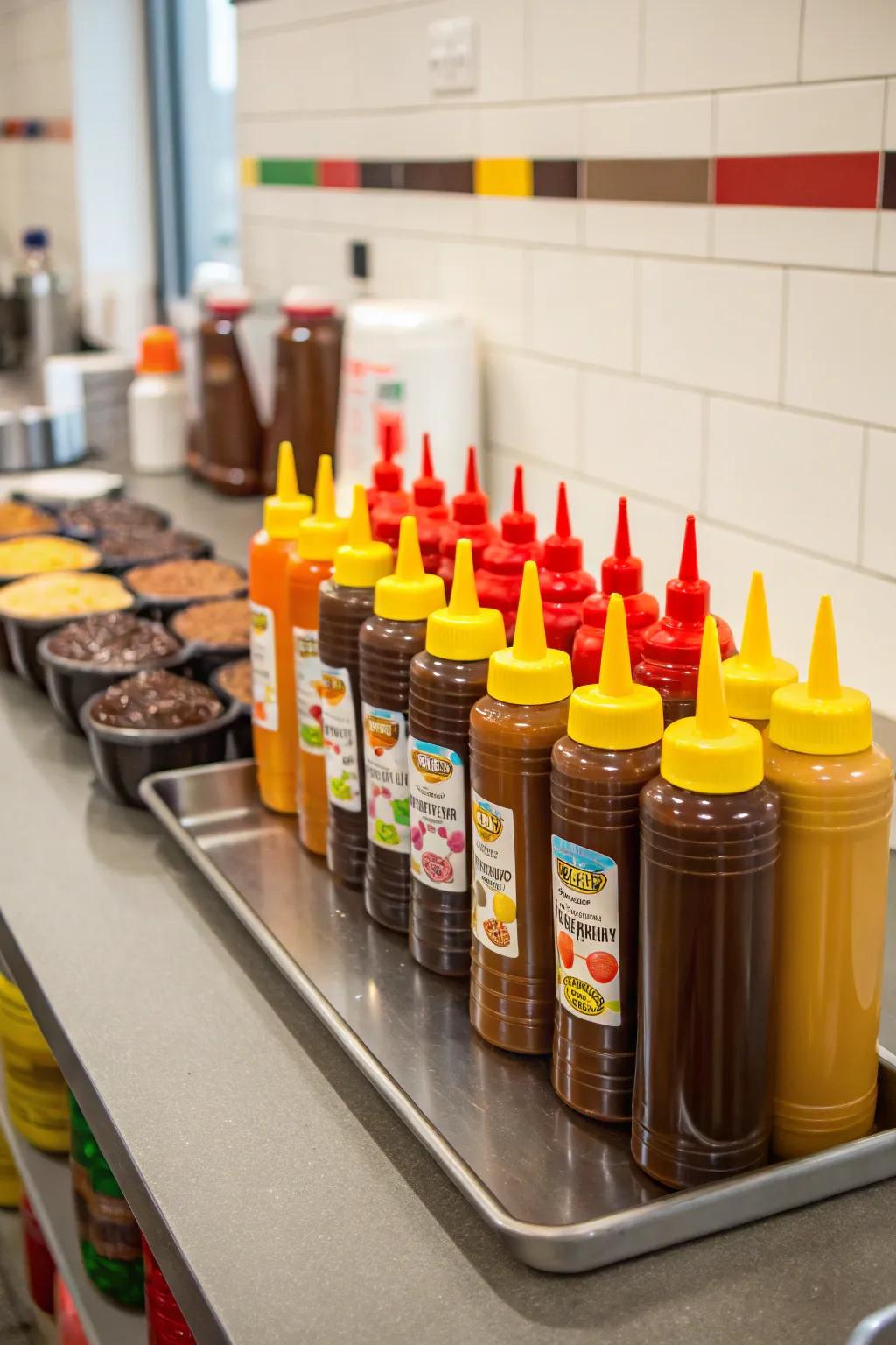 Squeeze bottles make sauce application a breeze.