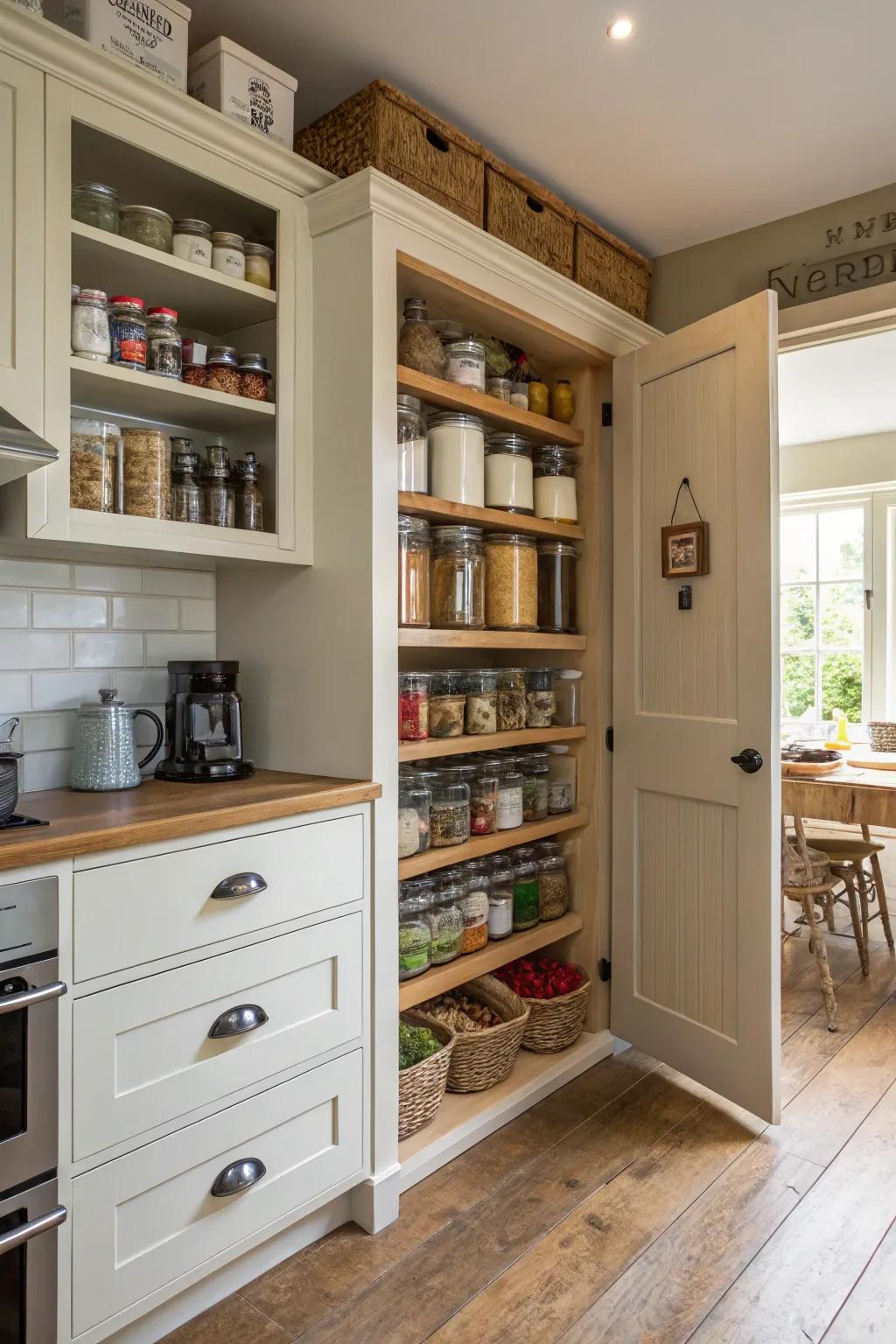 In-wall pantry shelves keep your kitchen essentials neatly organized.