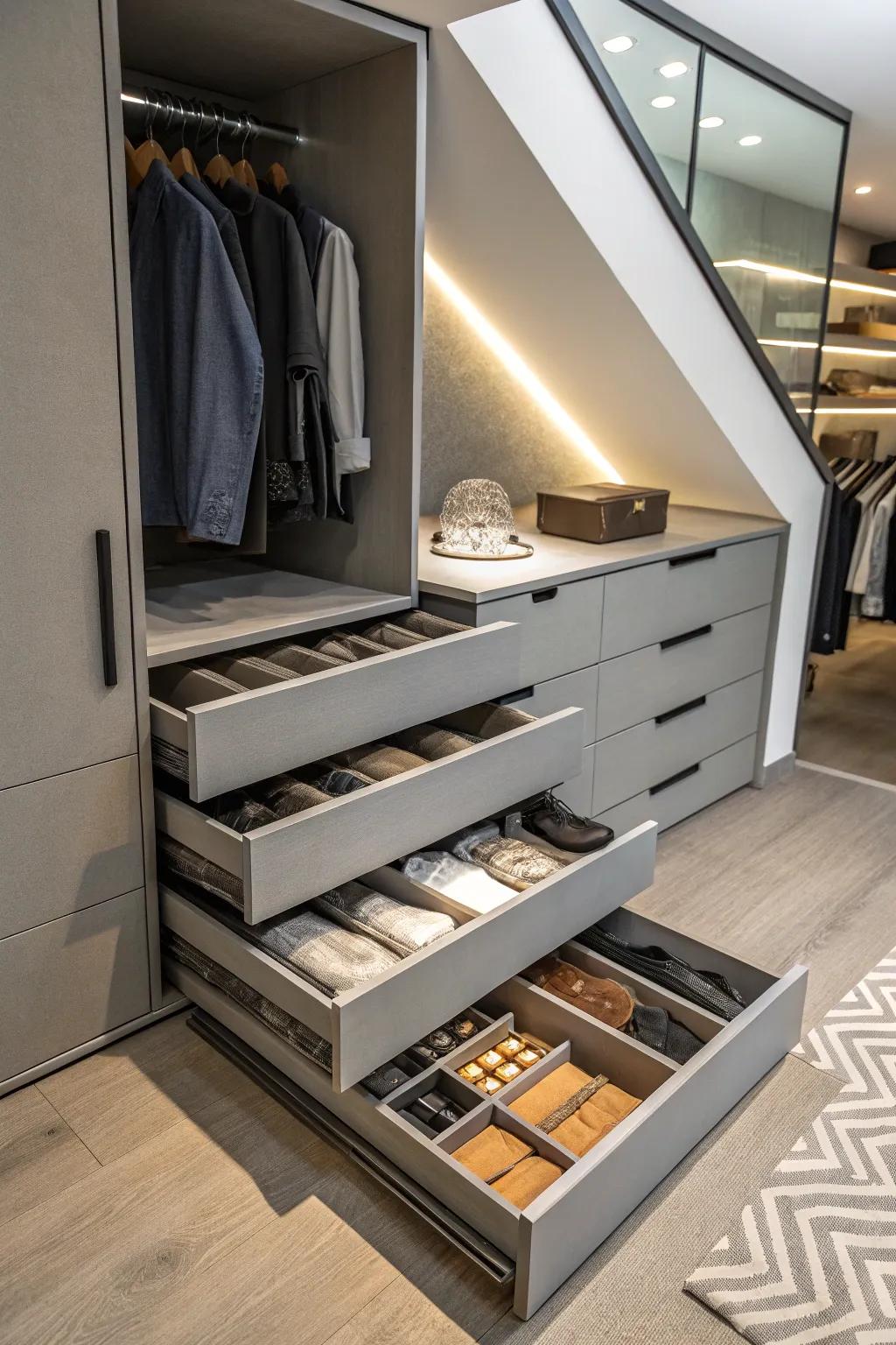 A modular drawer system providing organized storage in a compact space.