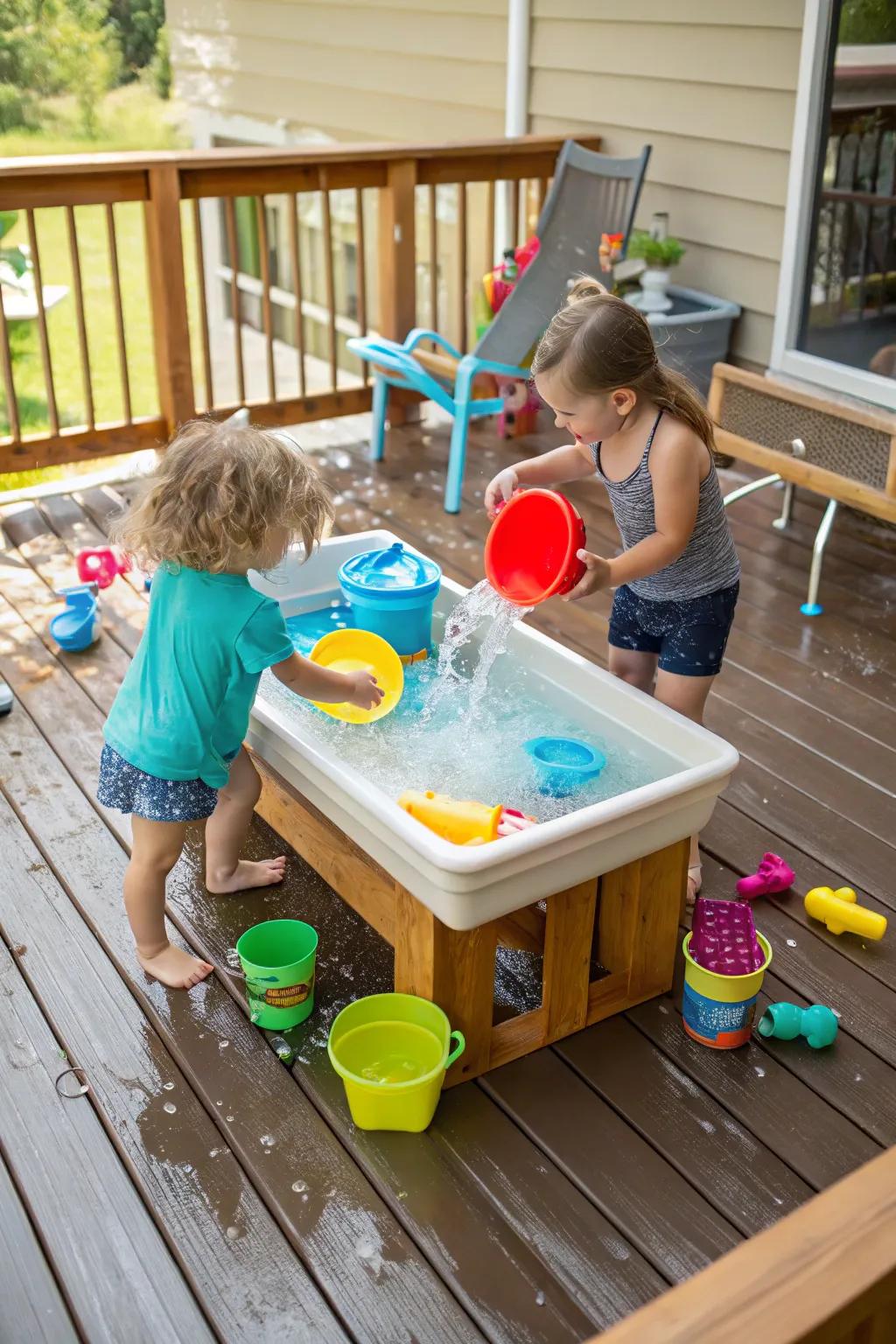 A deck with a water play table where children are joyfully splashing surrounded by water toys.