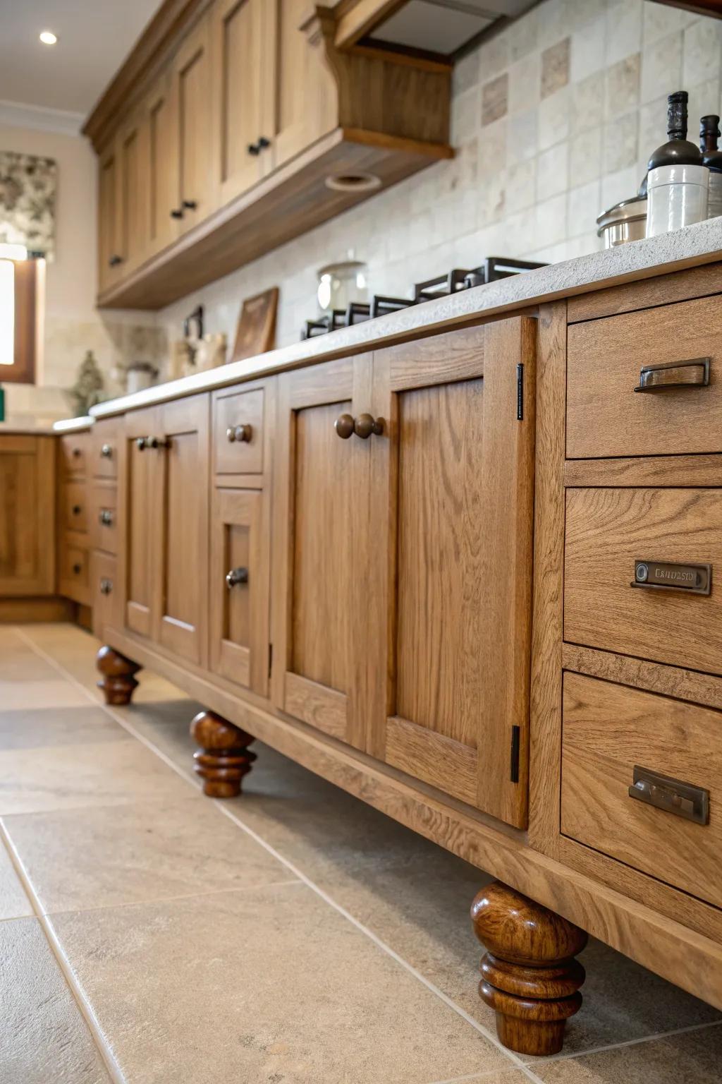 Rustic wooden feet bring natural charm to kitchen spaces.