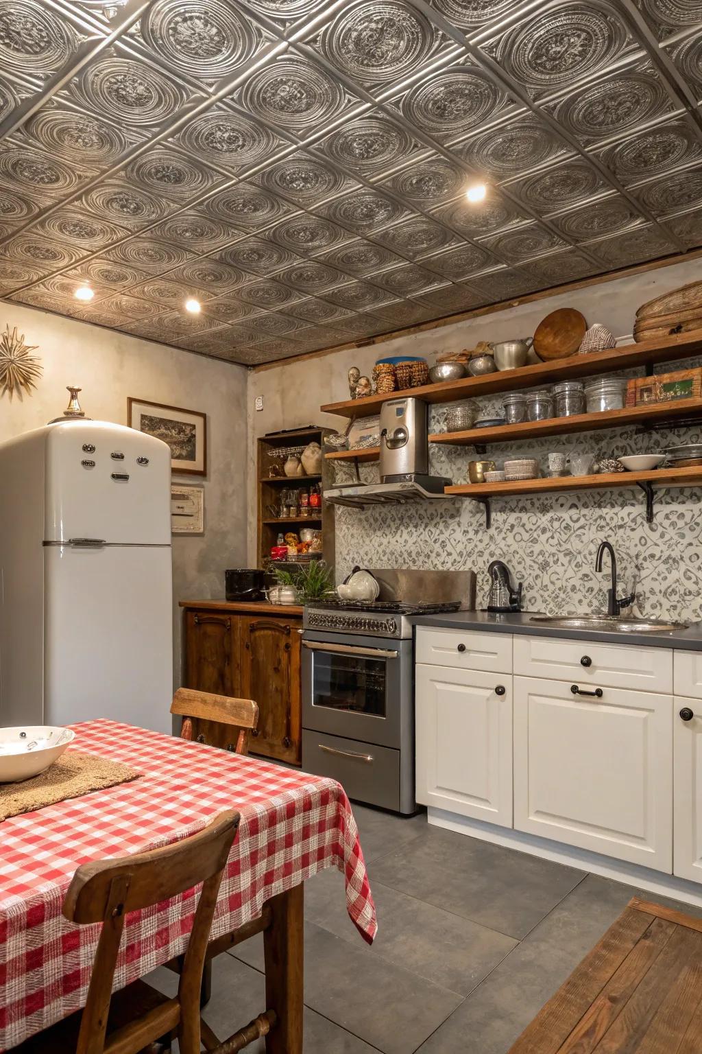 Create a vintage ambiance with pressed metal ceiling panels in your kitchen.