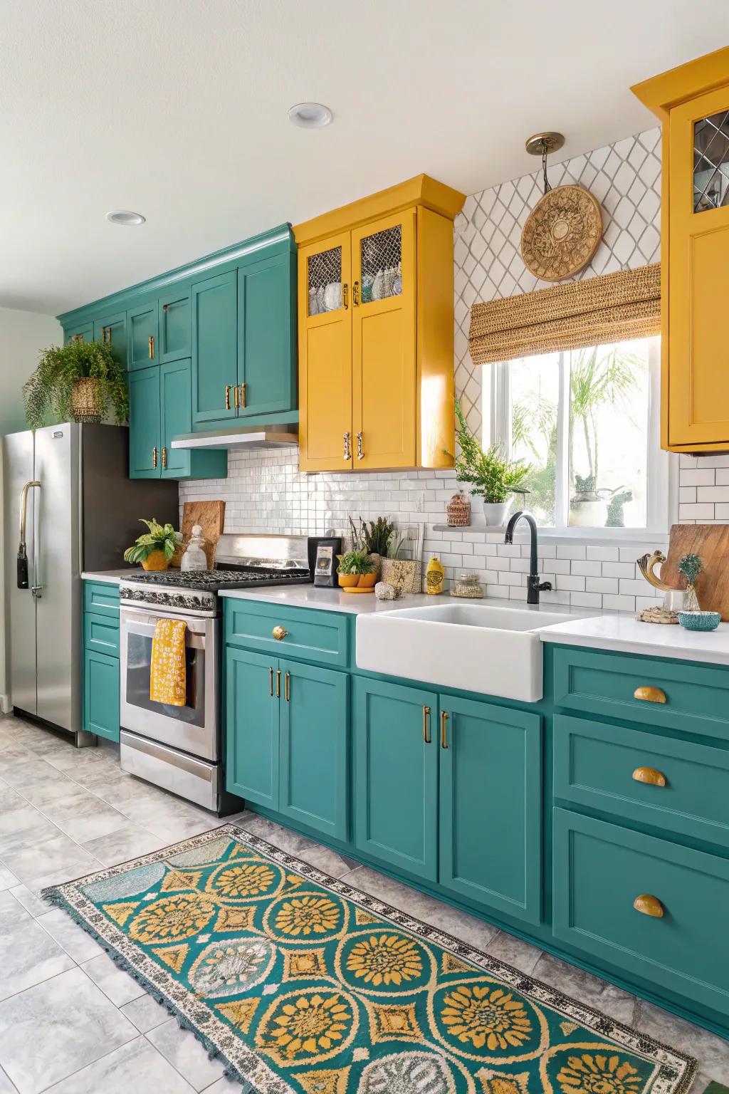 Experiment with bold color schemes to make your kitchen stand out.