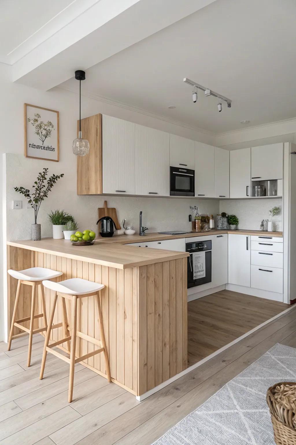 A Scandinavian-inspired peninsula for a tranquil kitchen environment.