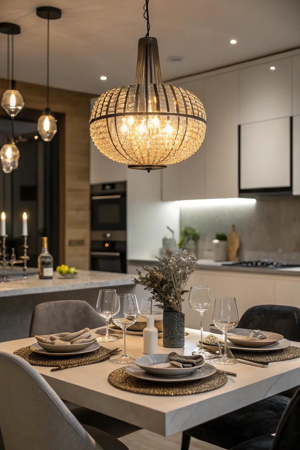 Statement lighting adds drama and elegance to the dining area.