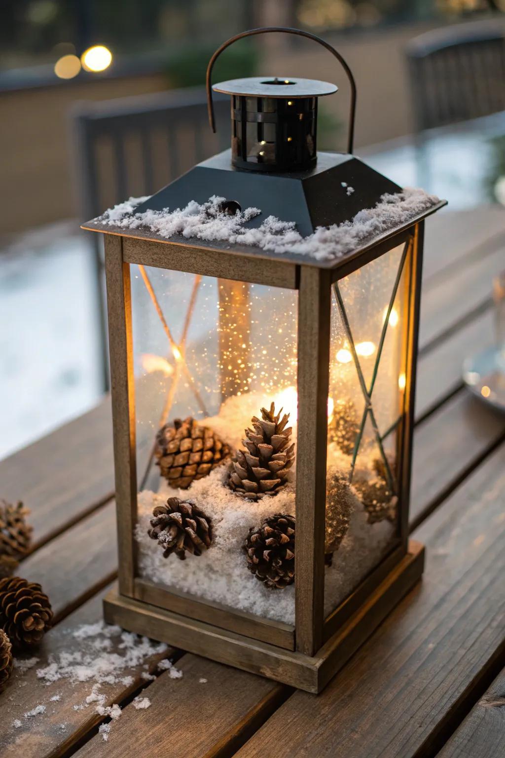 A winter-themed lantern creating a cozy atmosphere.