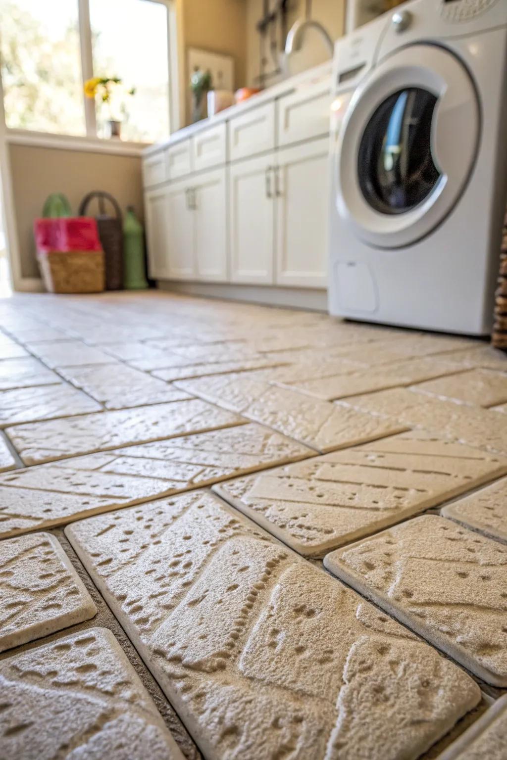 Textured flooring adds depth and character to the laundry room.