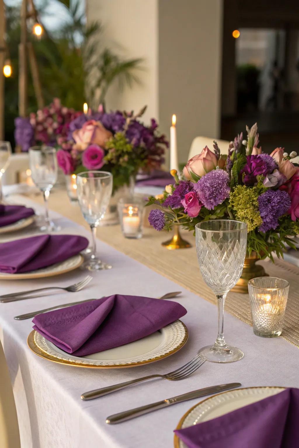 A dining table adorned in purple hues, setting the stage for a truly memorable experience.
