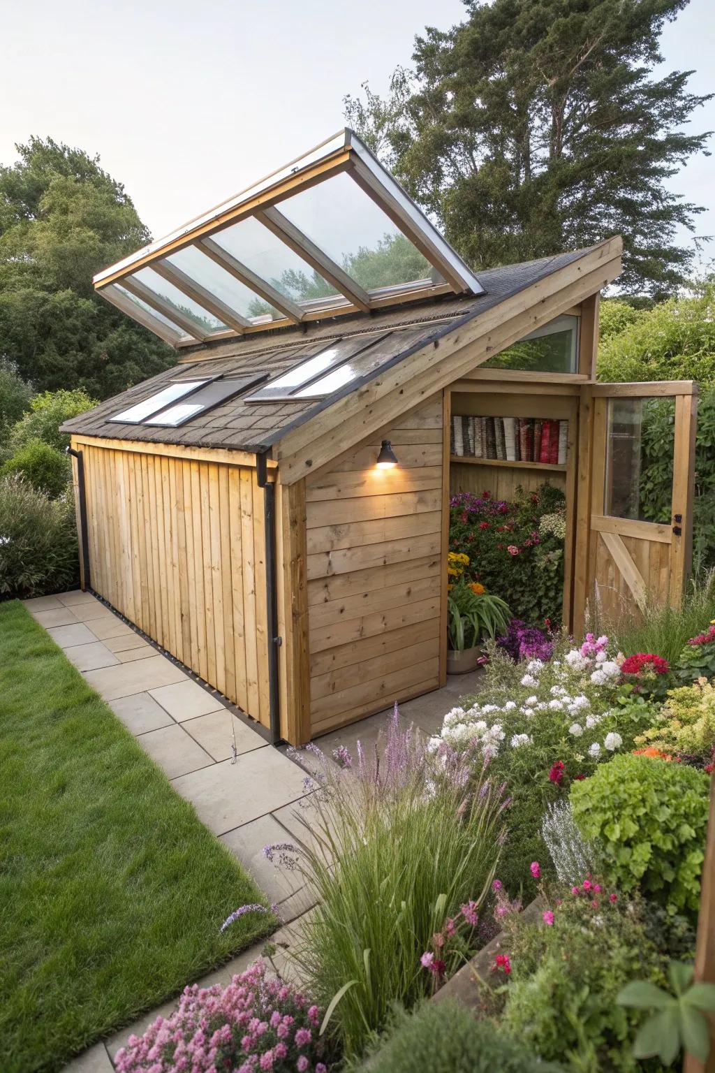A detached outbuilding featuring rooftop windows for an otherworldly atmosphere.