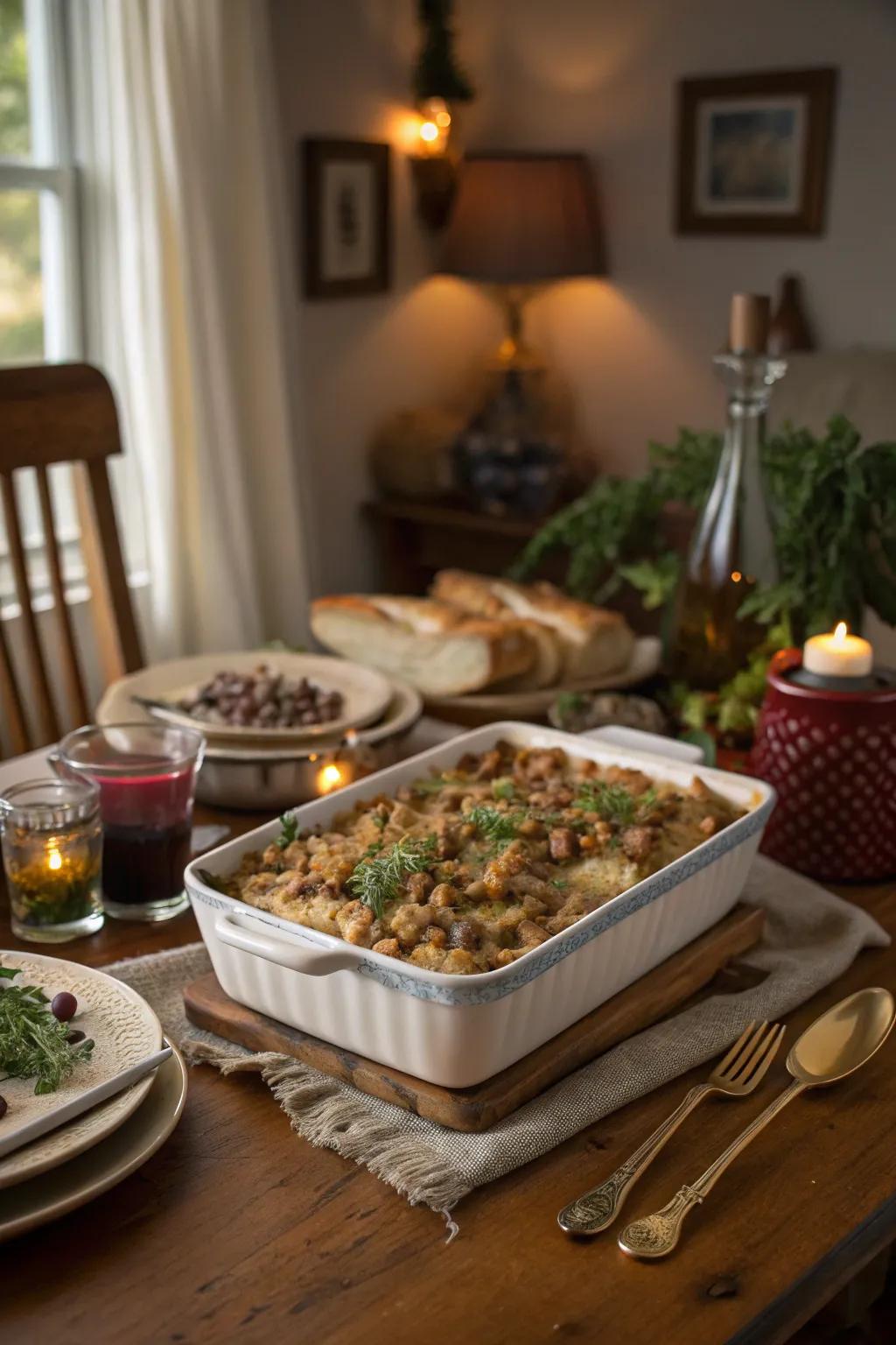 Layered turkey and stuffing casserole is a tribute to all the best Thanksgiving flavors.