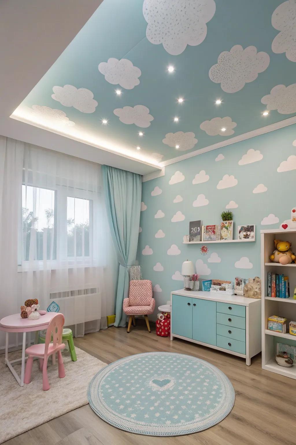 A playful nursery with a sky-blue ceiling decorated with clouds.