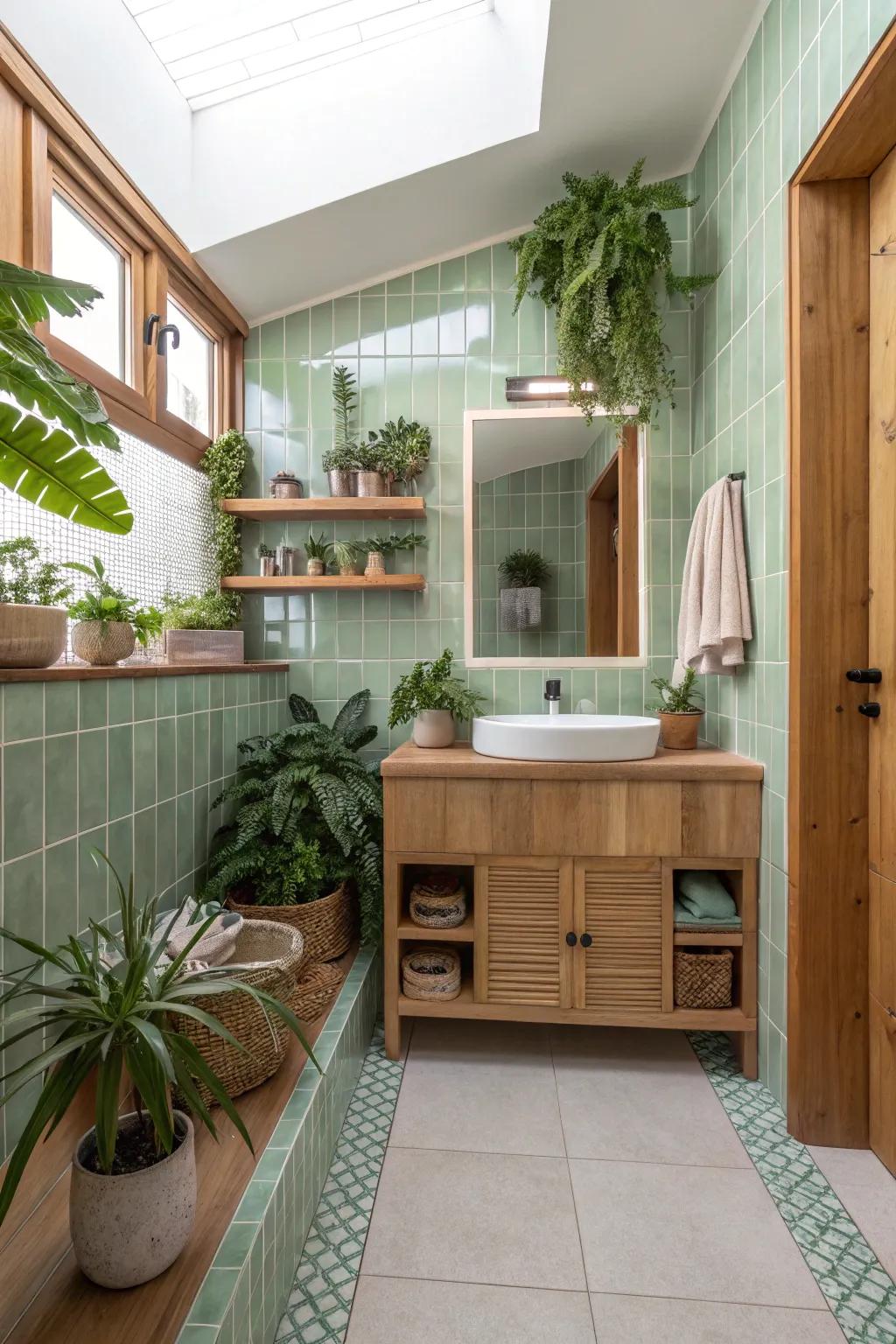 Light verdant elements bring a revitalizing and natural touch to the bathroom.